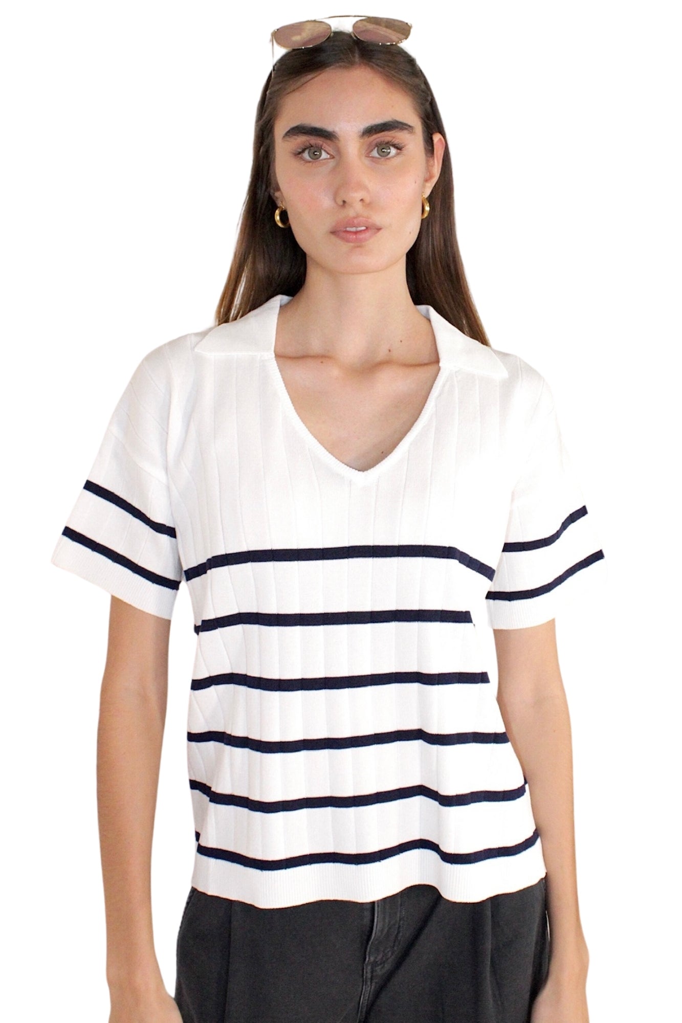 STRIPE COLLARED IVORY NAVY SWEATER TOP