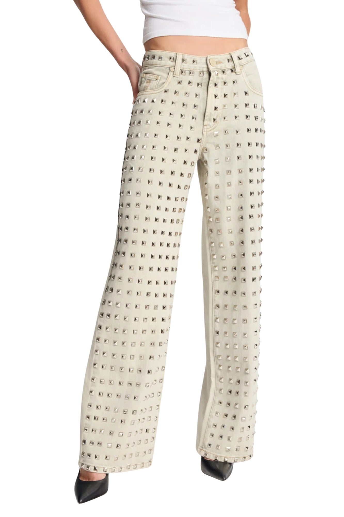 JACKSON MID WAIST WIDE LEG STUDDED DENIM JEANS IN ANTIQUE KAKI