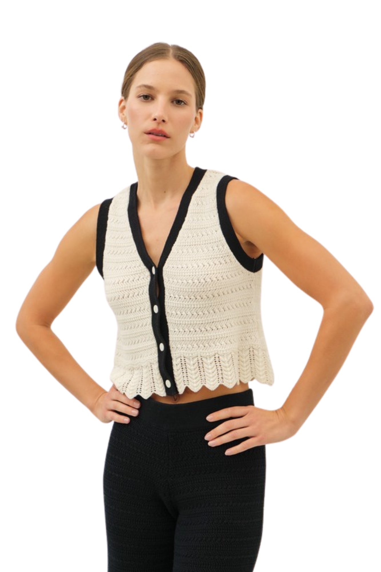 V-NECK BUTTON DOWN CROCHET SWEATER TOP