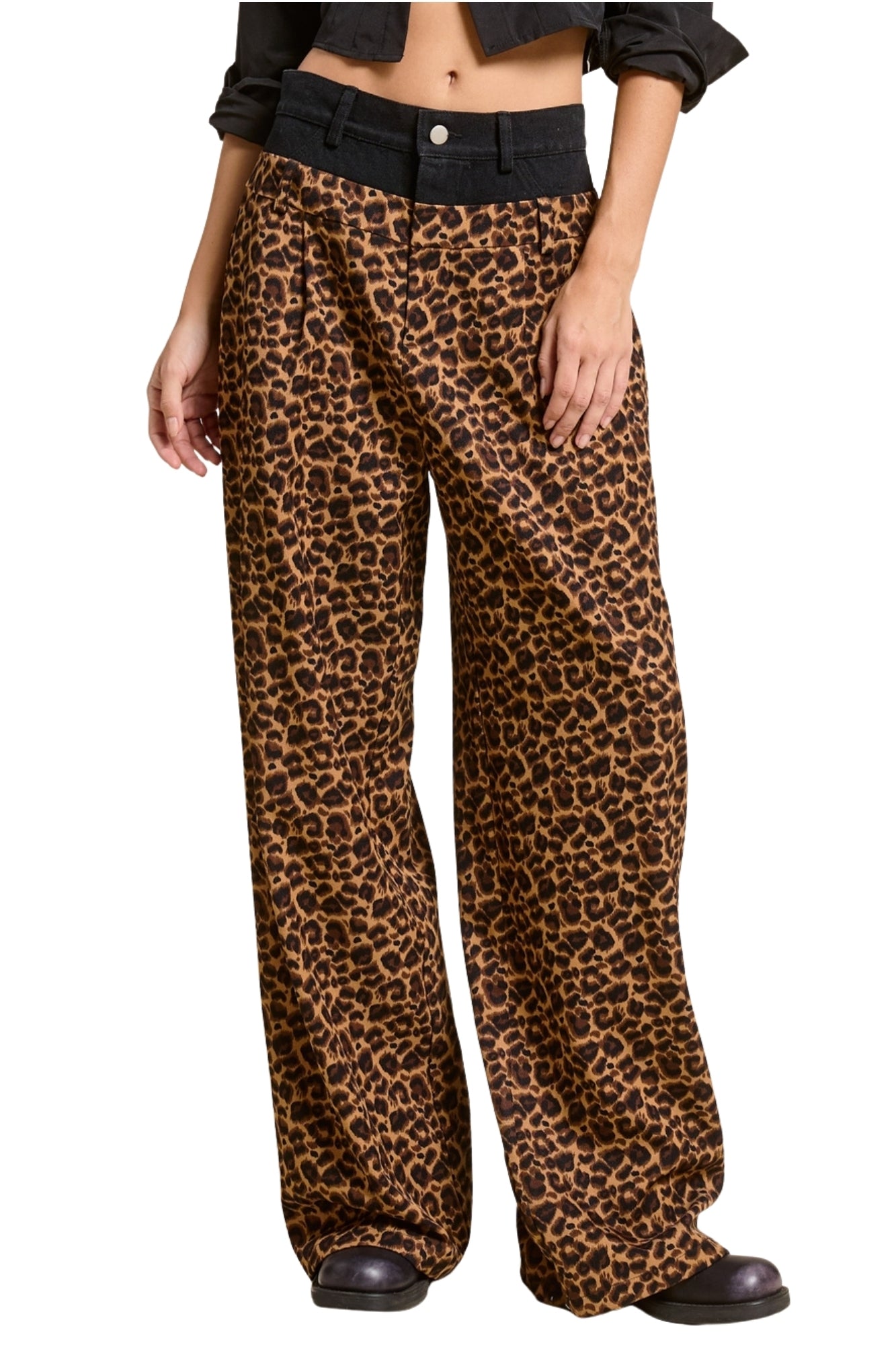 LEOPARD PRINT WIDE LEG PANT WITH DENIM WAIST