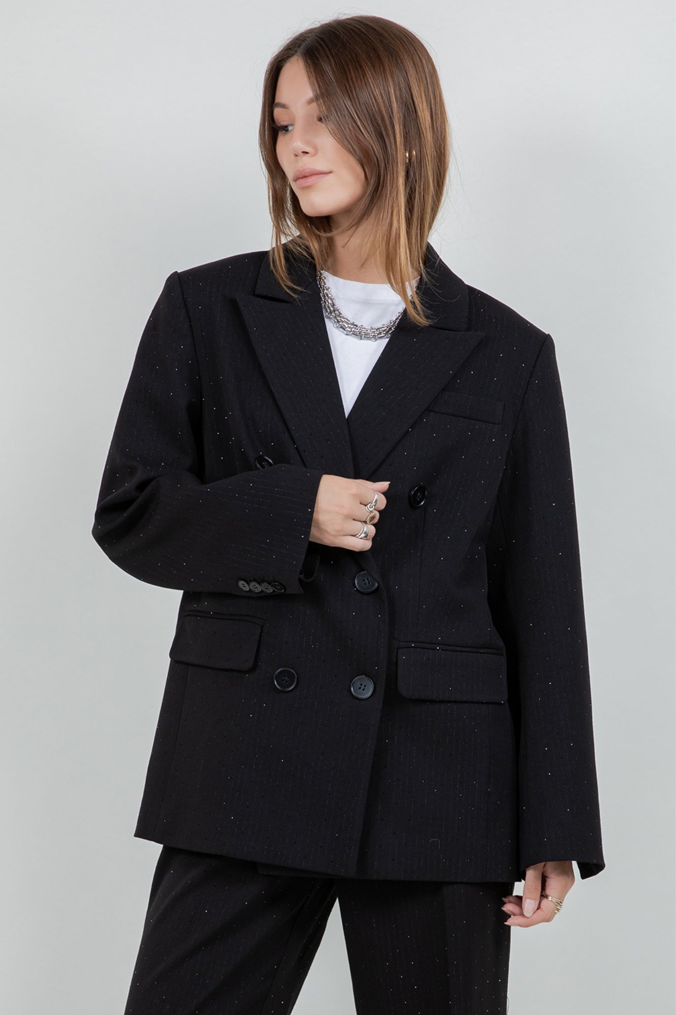 RHINESTONE EMBOSSED BLACK PINSTRIPE BLAZER