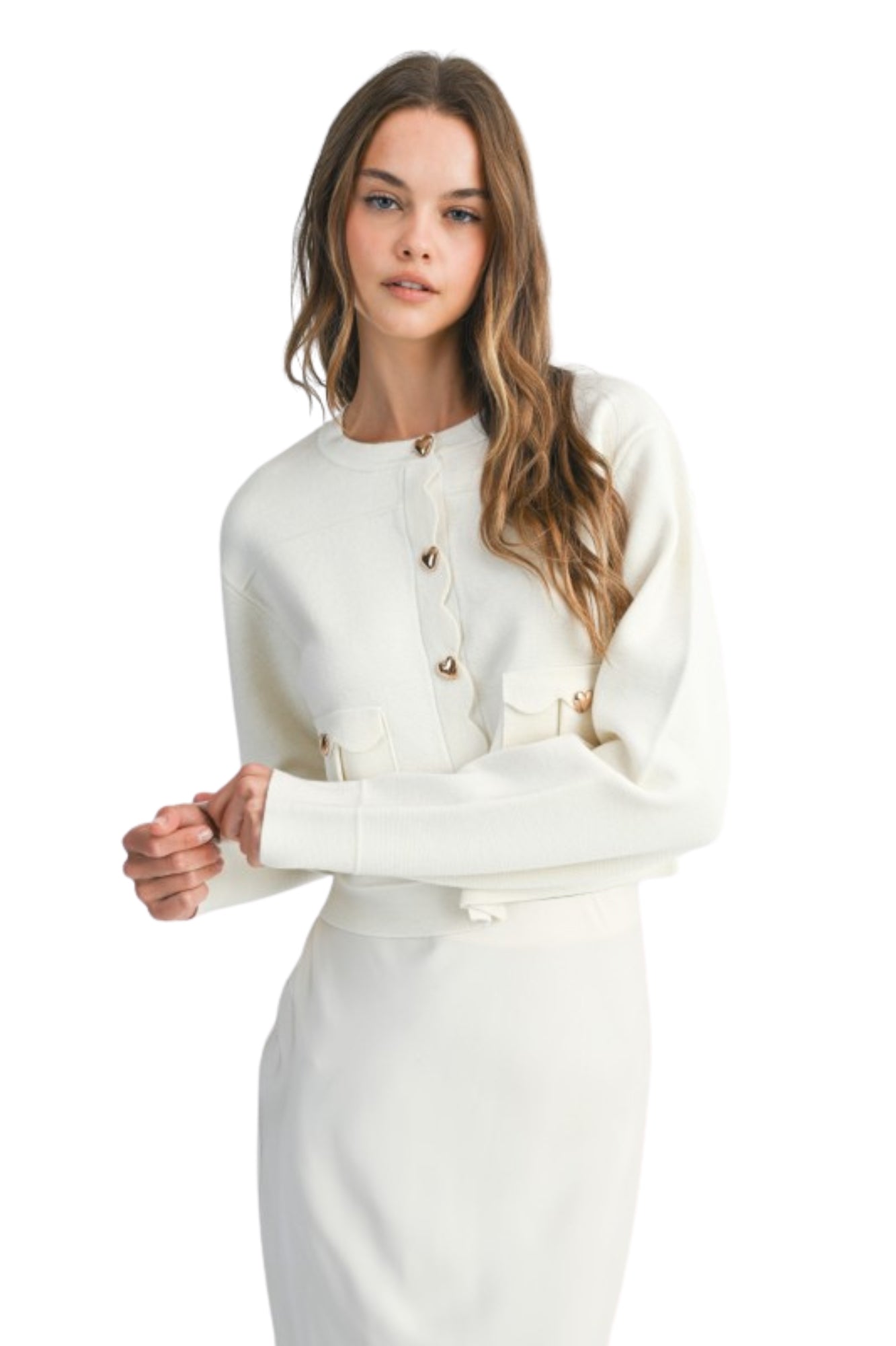 white christmas dresses SCALLOP EDGE GOLD BUTTON CREAM CADIGAN JACKET – MissD Concept Store