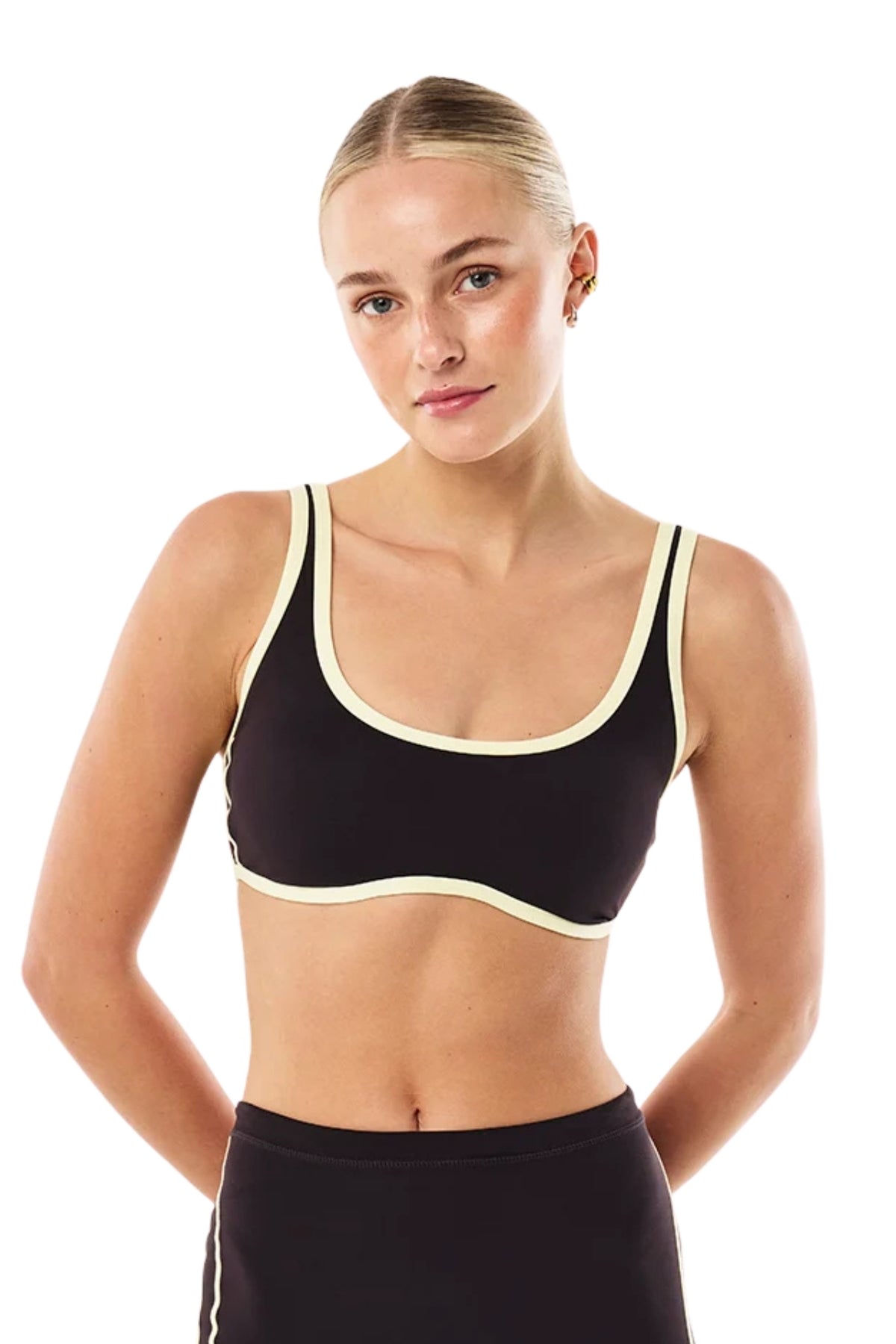 SOLIS SCOOP SPORTS BRA IN BLACK BEANS AND SOFT YELLOW