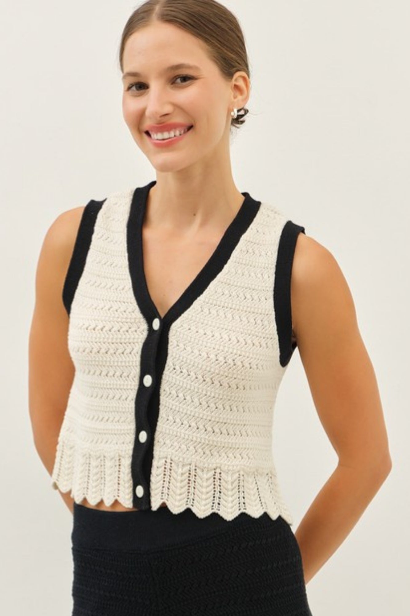 V-NECK BUTTON DOWN CROCHET SWEATER TOP