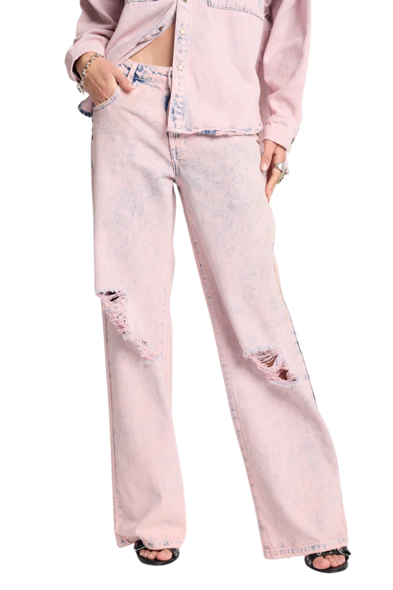 LOW RIDERS LOW WAIST WIDE LEG DENIM JEANS IN PINK HAZE