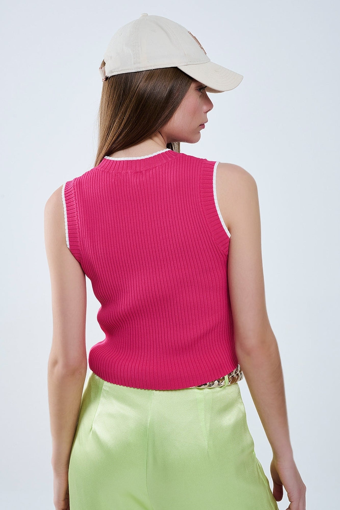 RASBERRY PINK FITTED TANK TOP WITH WHITE TRIM