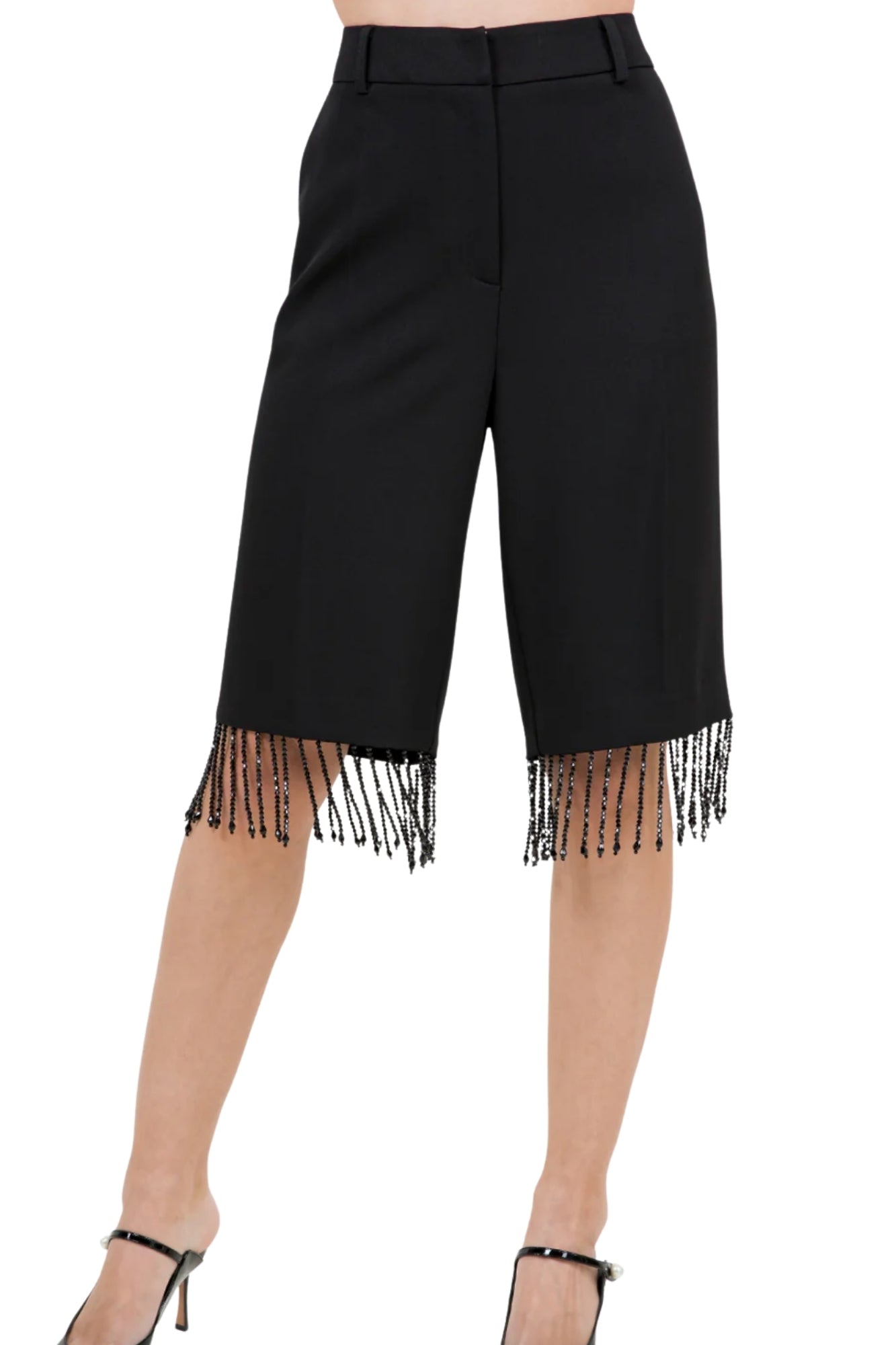 KNEE LENGTH WOVEN SHORTS WITH TASSEL BLACK BEAD TRIM