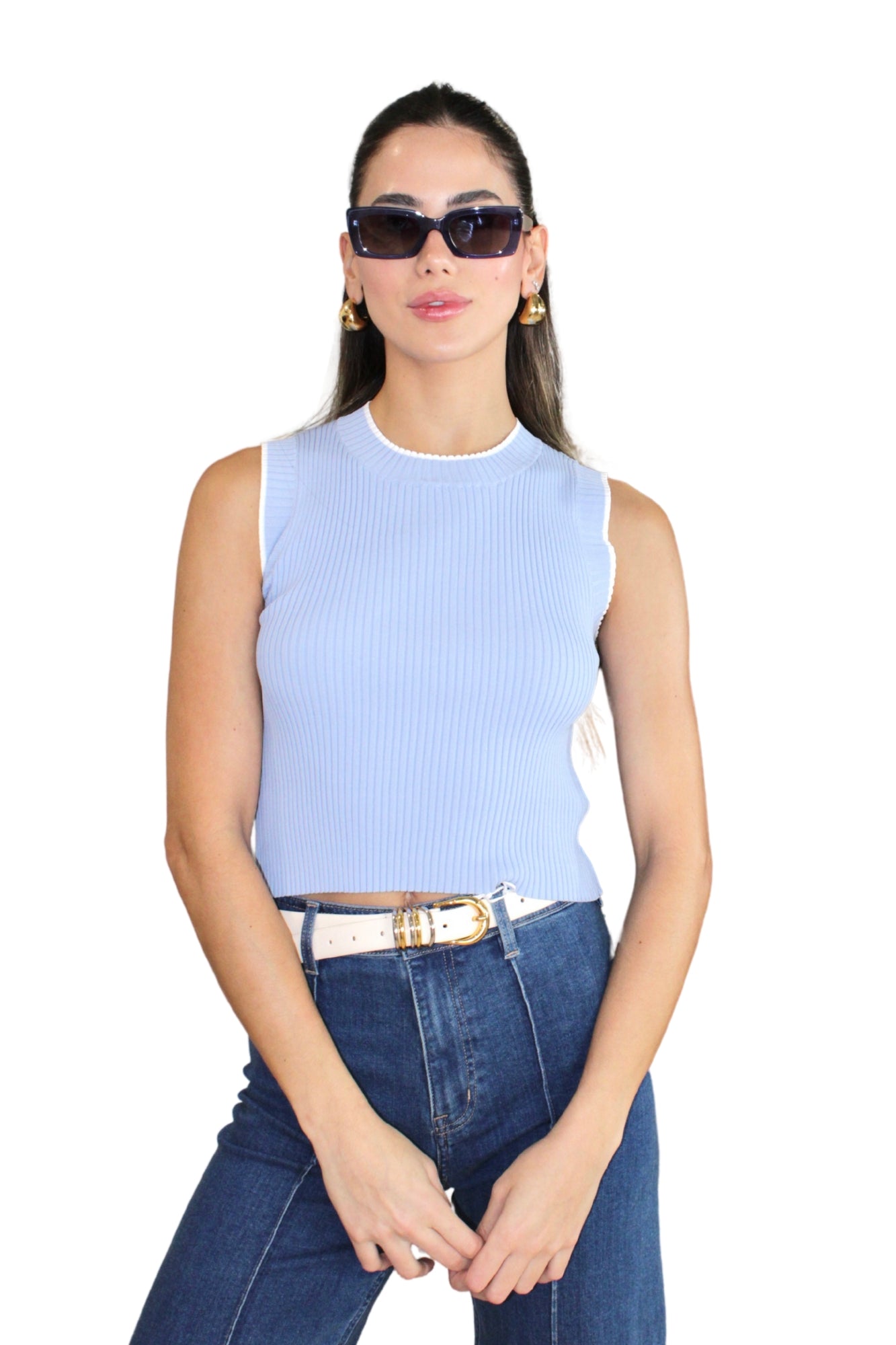 RIBBED CAP SLEEVE TOP IN BLUE WITH WHITE TRIM