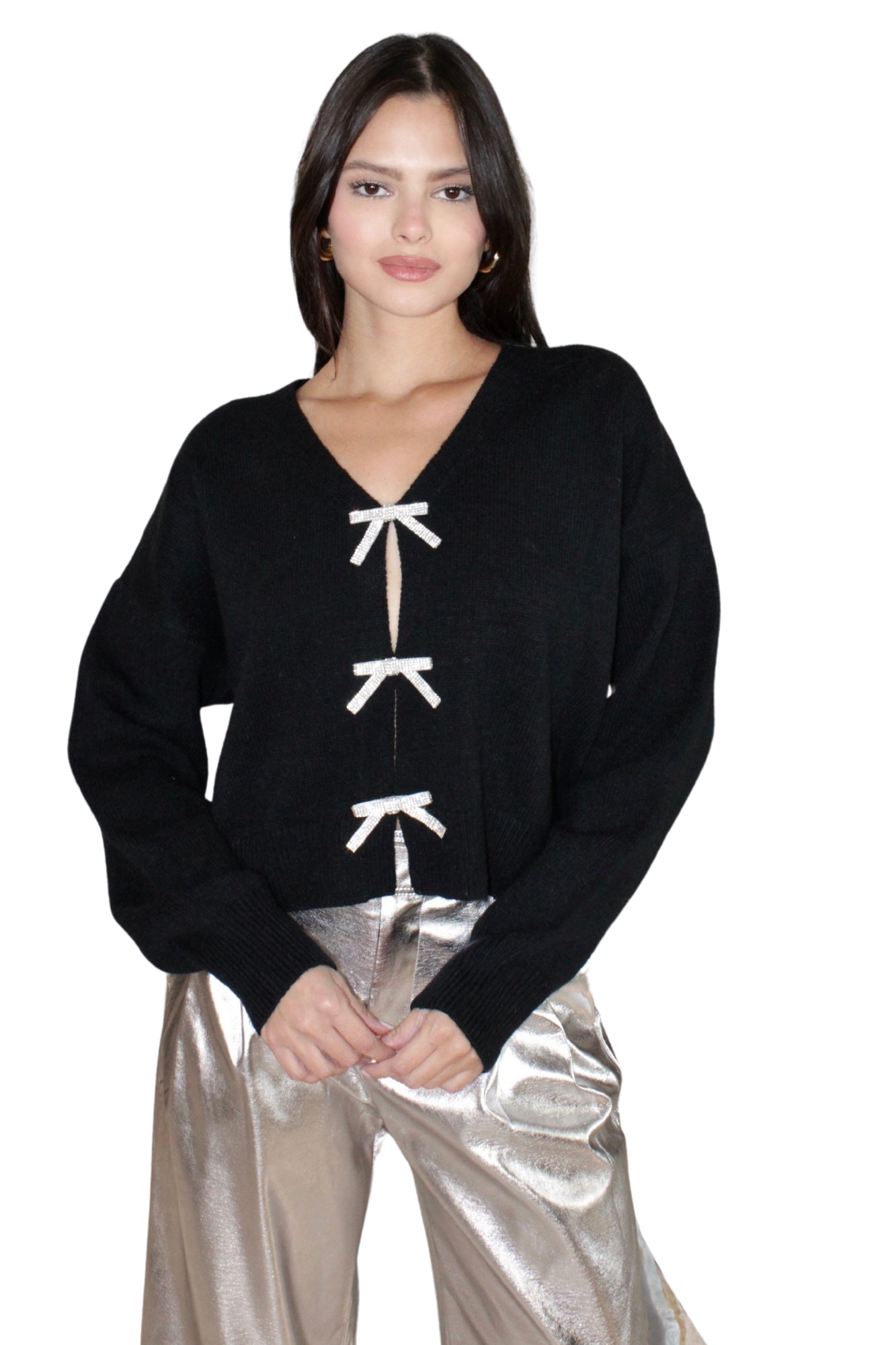 RHINESTONES BOW BLACK BUTTON SWEATER