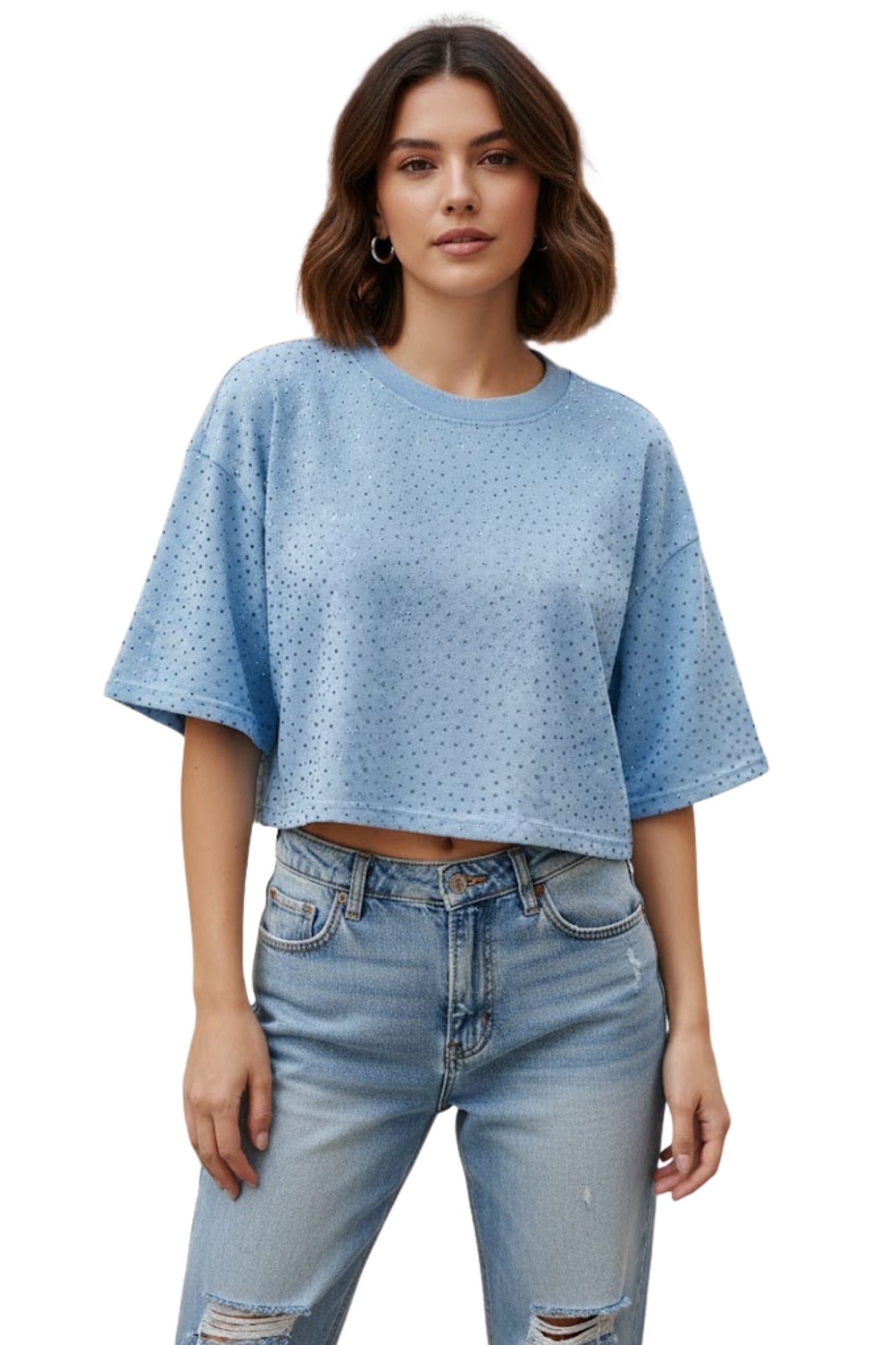 CROP RHINESTONE LIGHT BLUE TOP