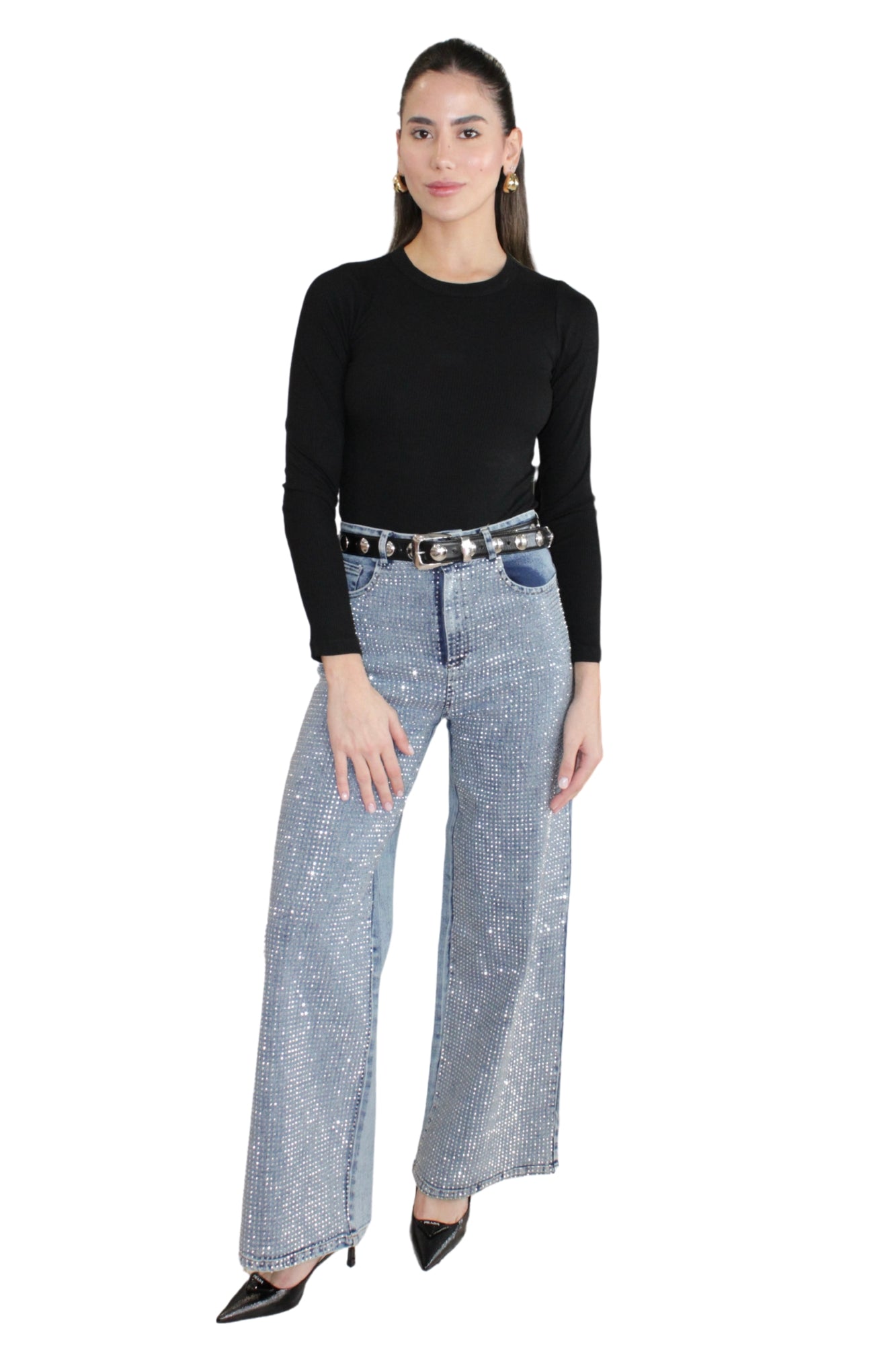 FRONT RHINESTONE COVERED JEANS