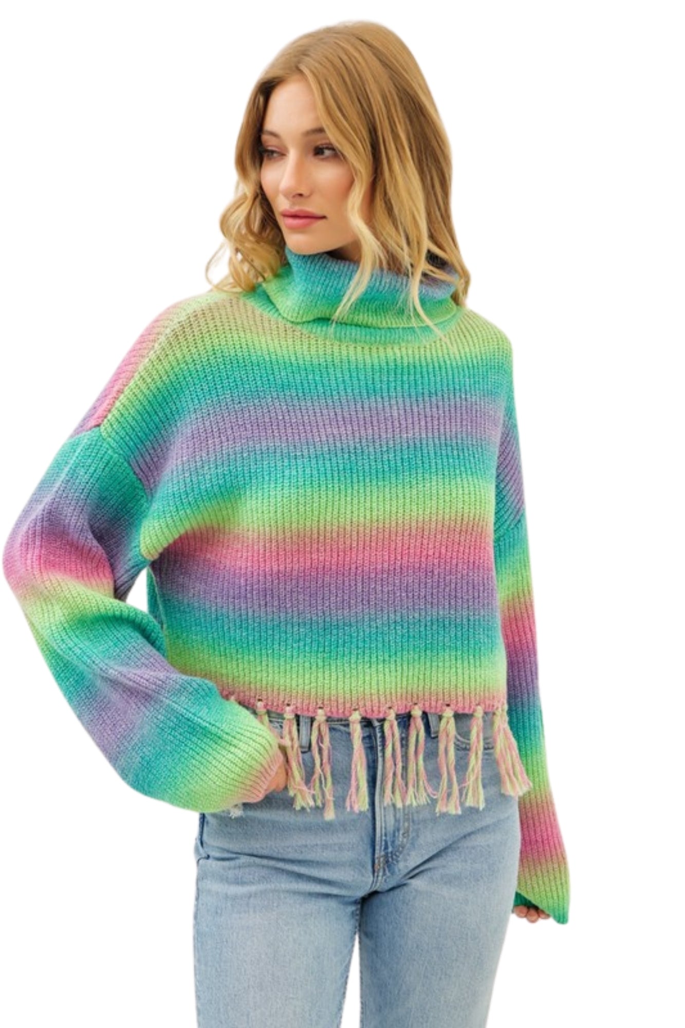 COLORFUL BOLD RAINBOW STRIPED TURTLENECK SWEATER