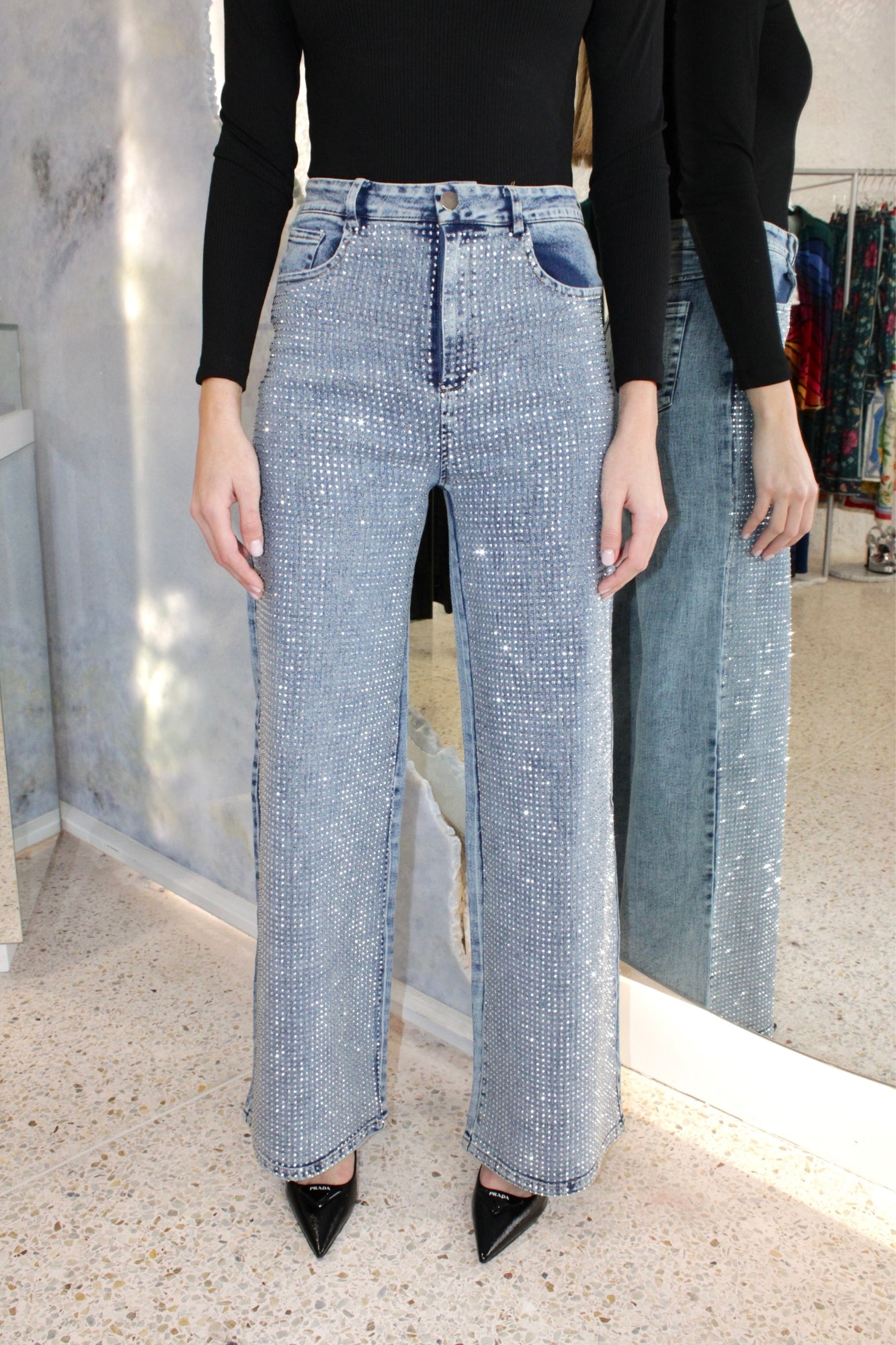 FRONT RHINESTONE COVERED JEANS