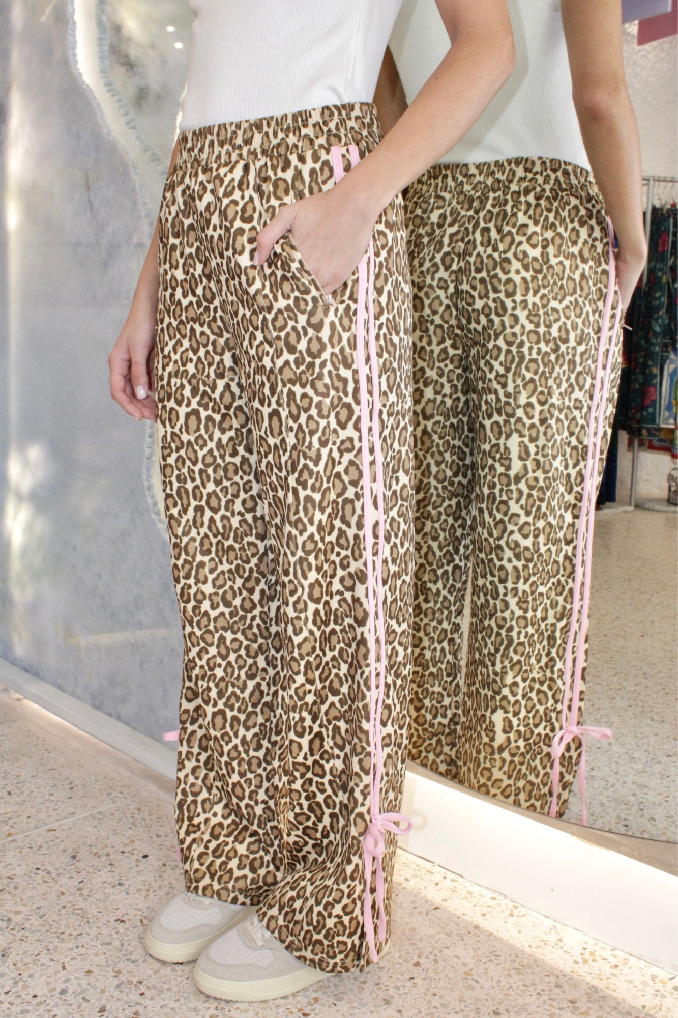 BOW DETAIL TAUPE ANIMAL TRACK PANTS