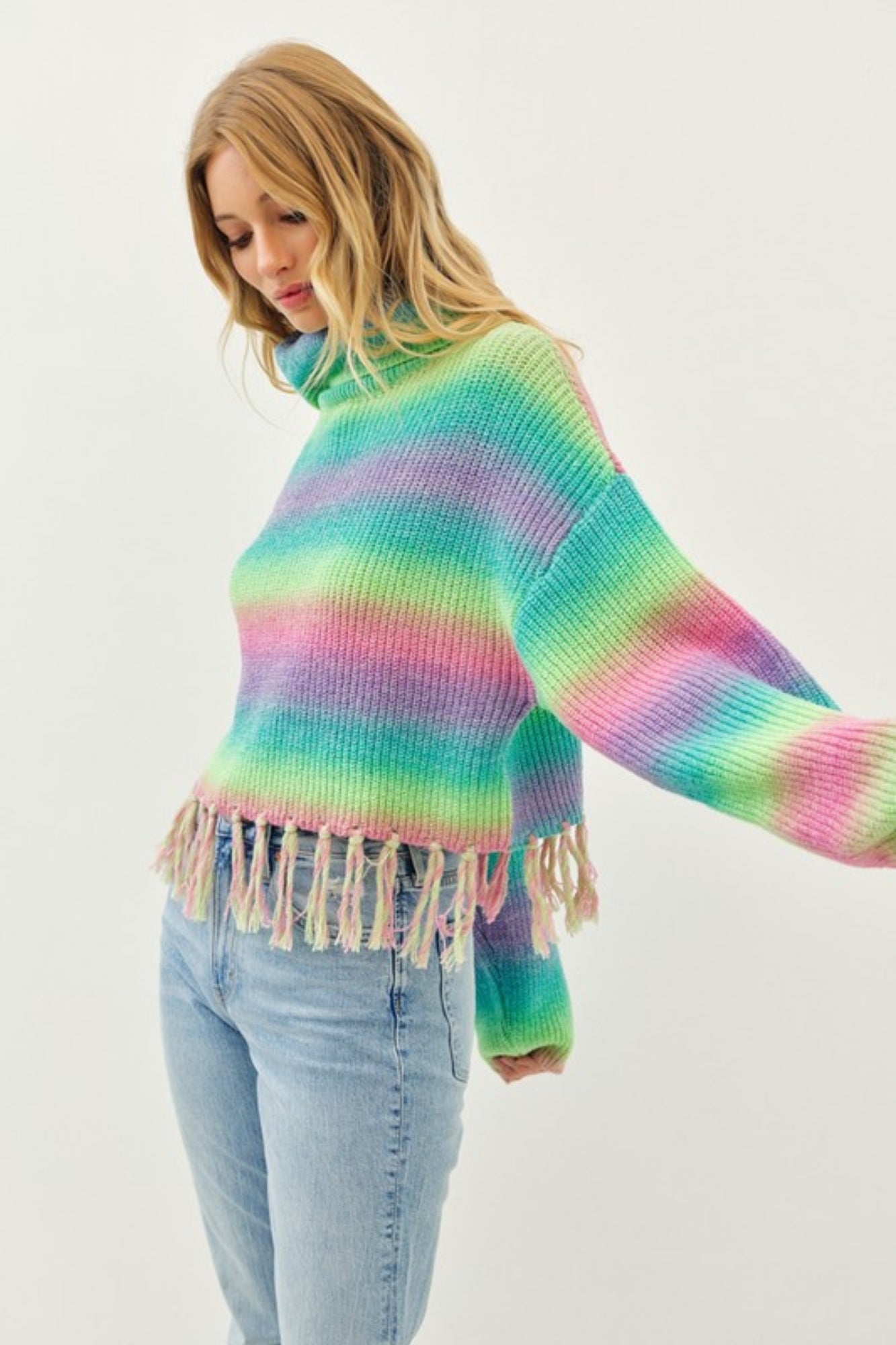 COLORFUL BOLD RAINBOW STRIPED TURTLENECK SWEATER