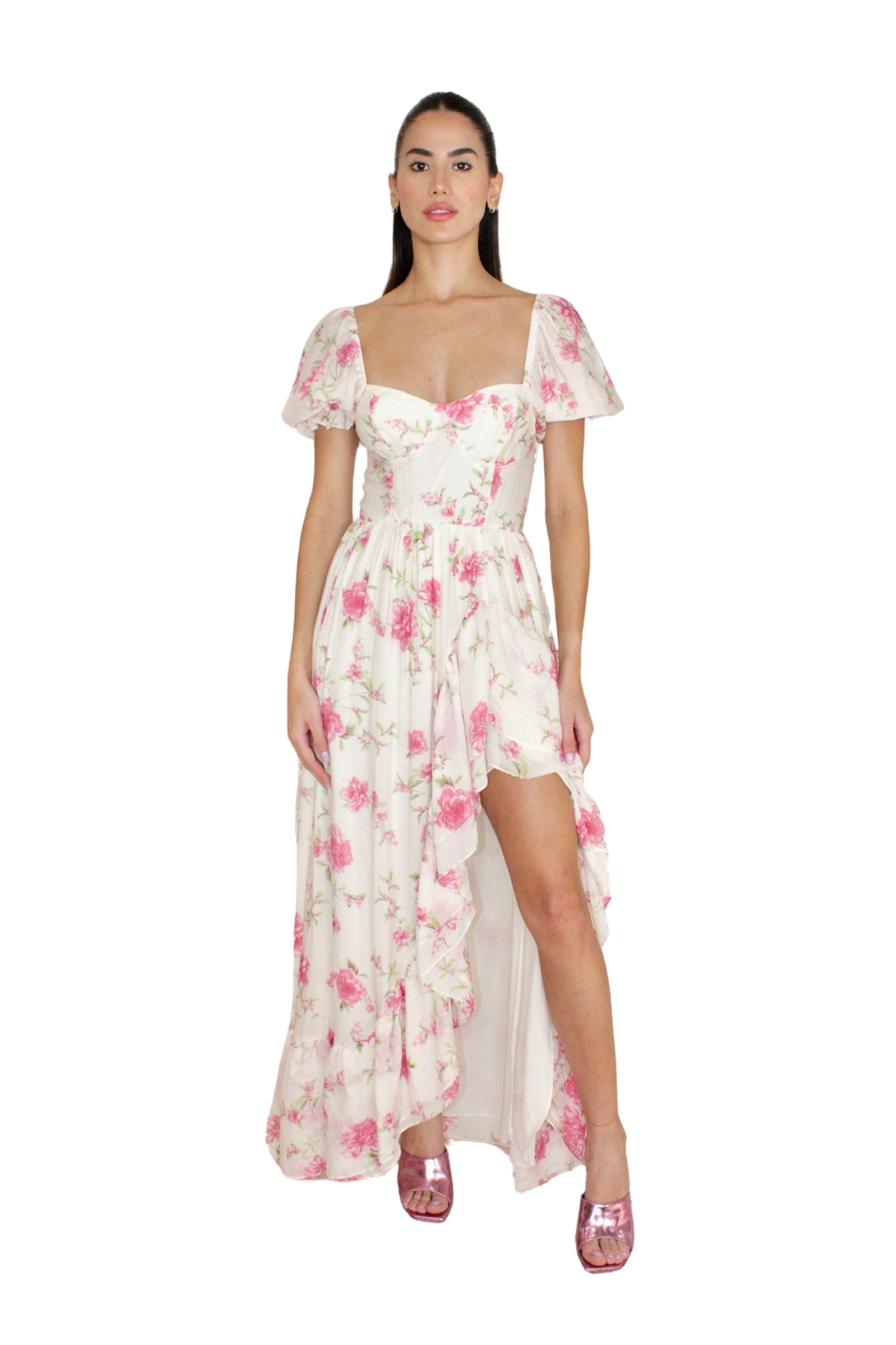 FLORAL RUFFLED HIGH LOW MAXI CREAM PINK FLORAL DRESS