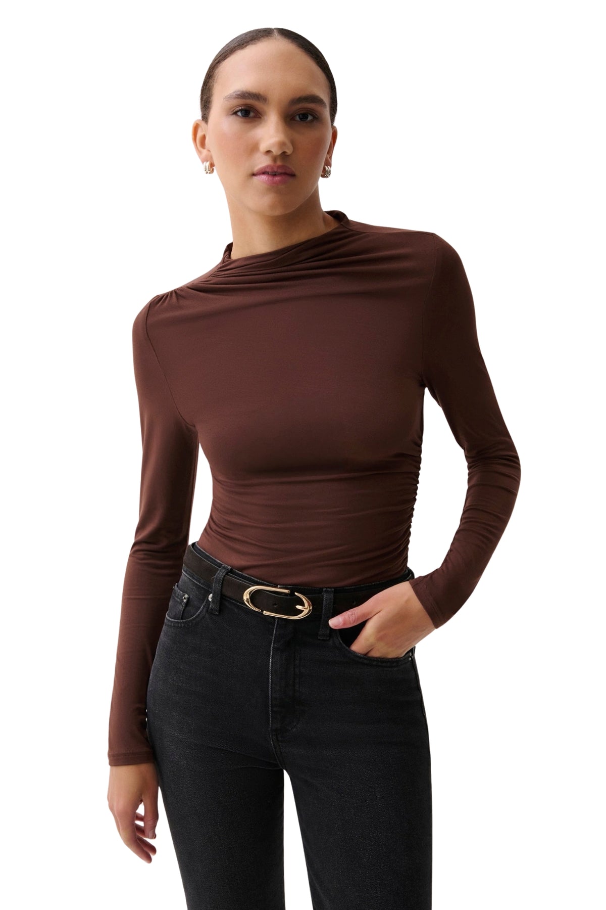 NATHALIA LONG SLEEVE DRAPED MOCK NECK IN WOODLAND