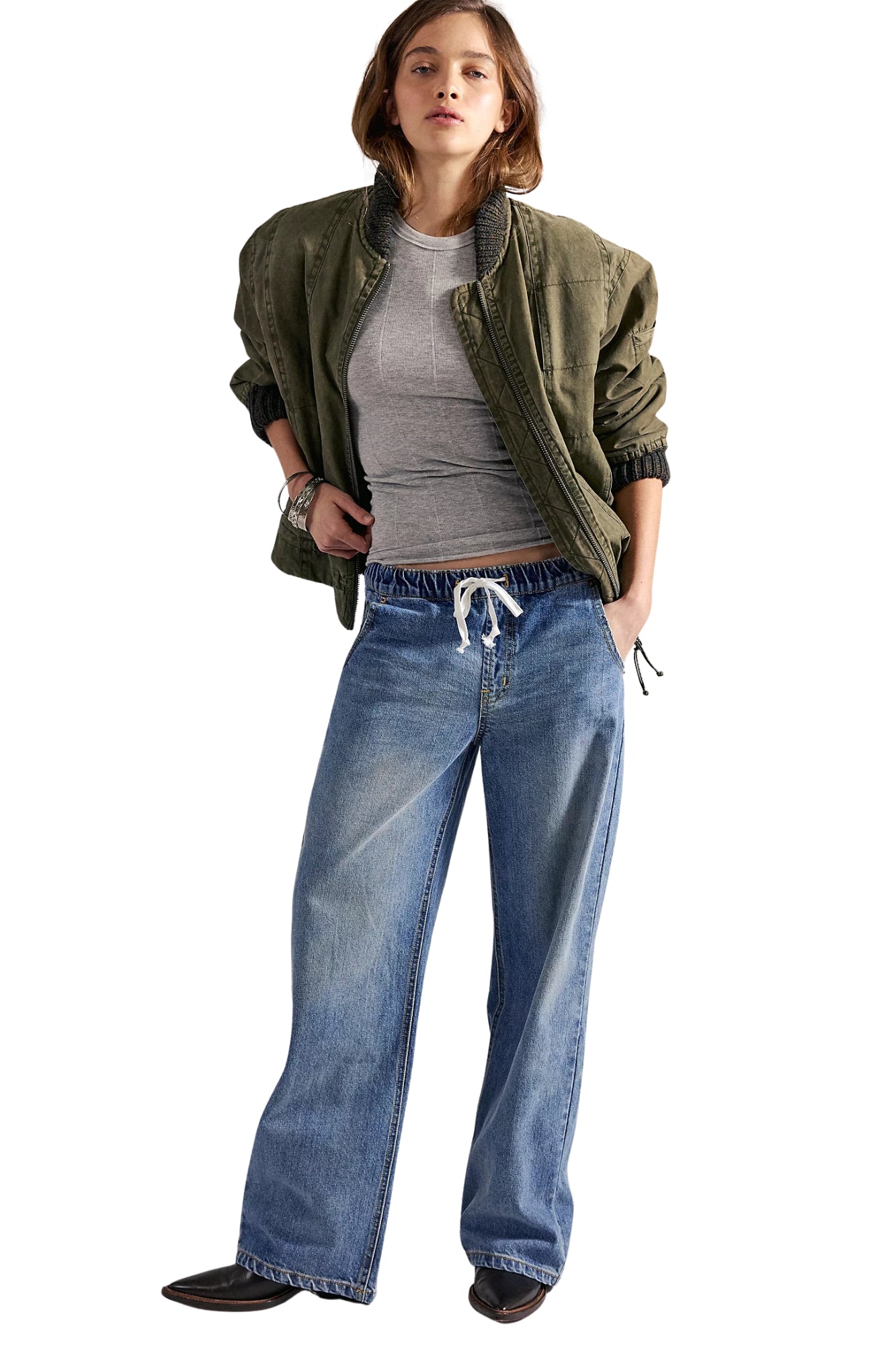 ROADHOUSE MID WAIST WIDE LEG DRAWSTRING HOODLUM BLUE DENIM JEAN