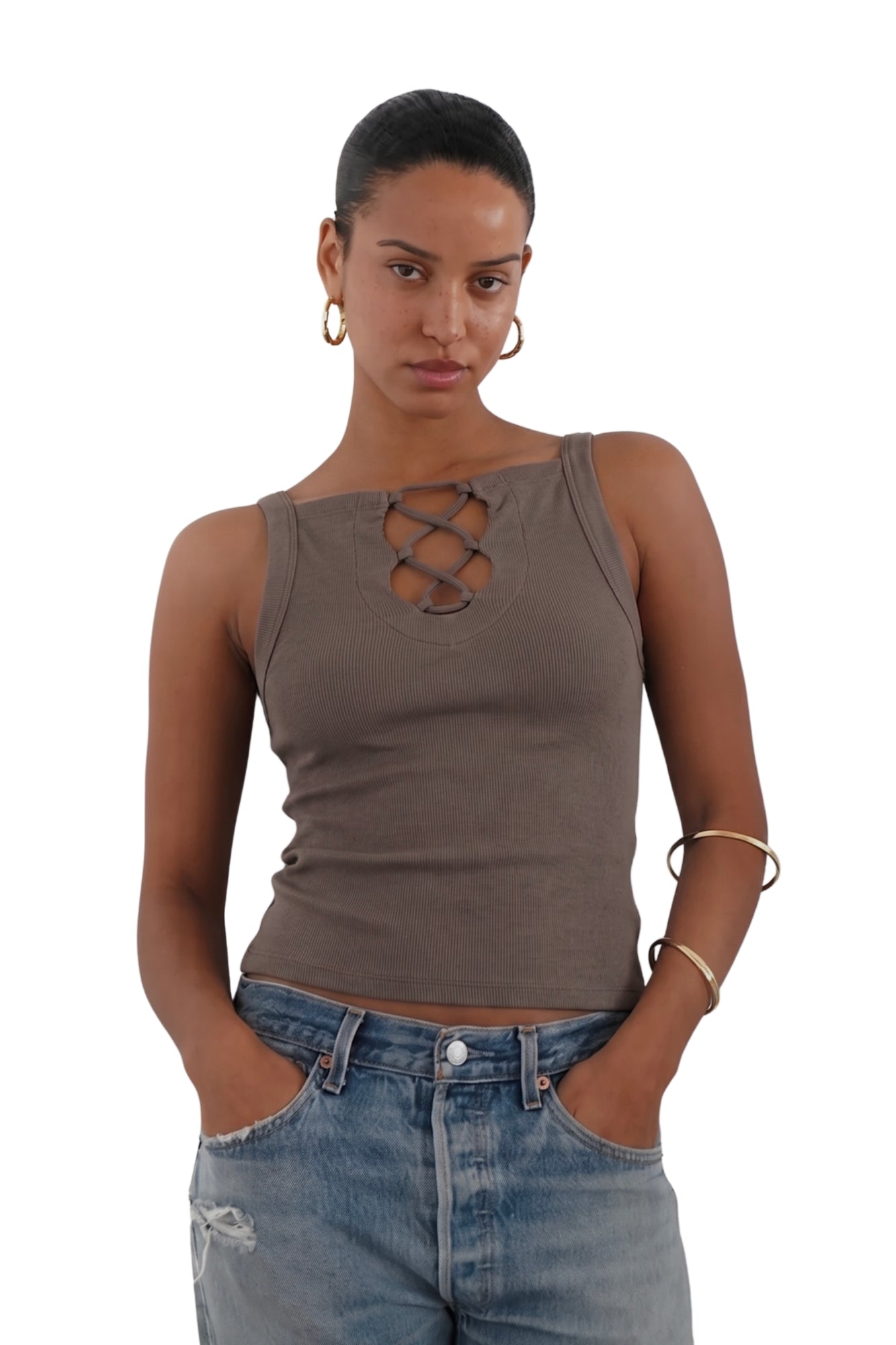 REGI LACE UP RIB TANK IN COFFE