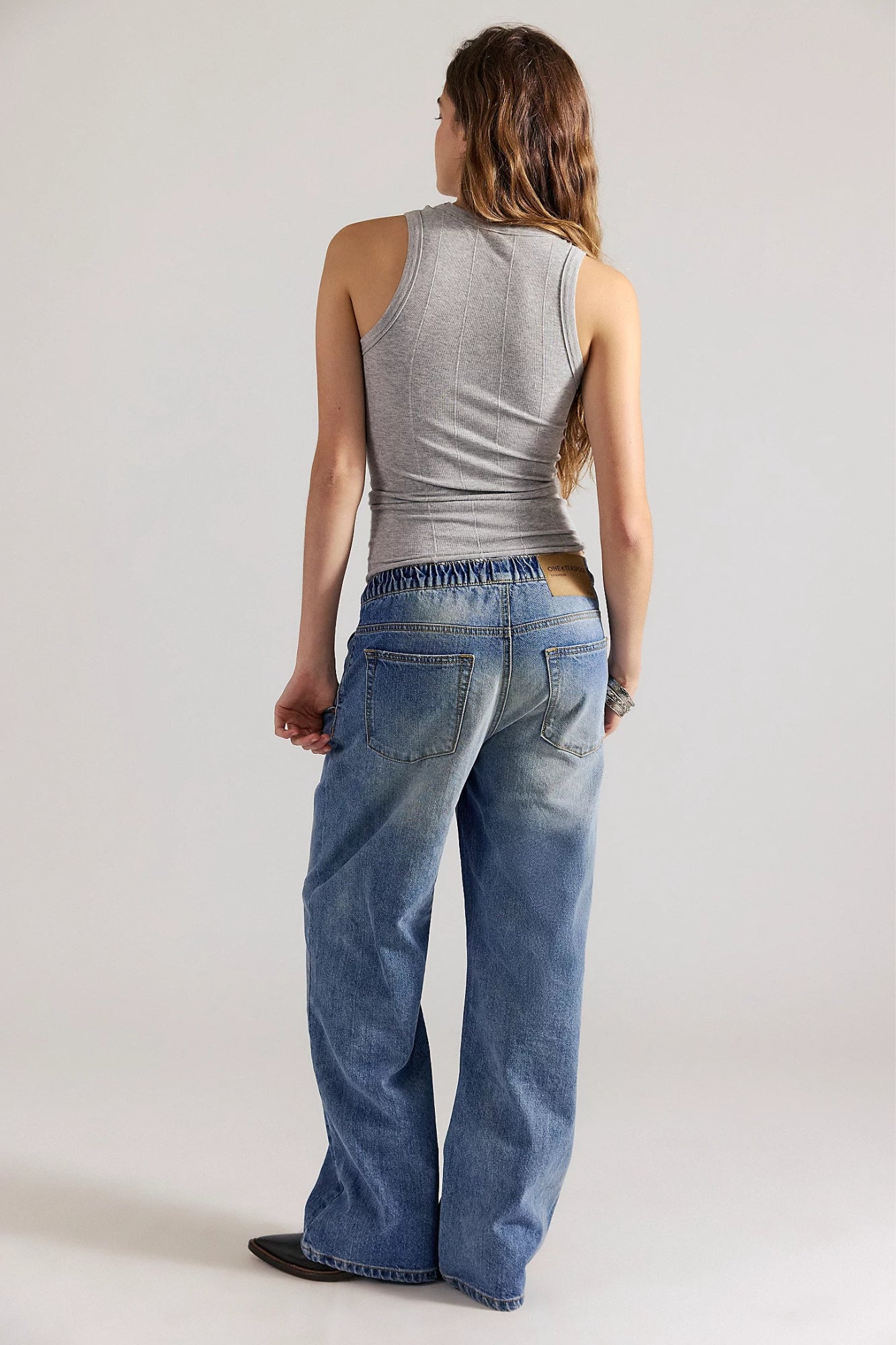 ROADHOUSE MID WAIST WIDE LEG DRAWSTRING HOODLUM BLUE DENIM JEAN