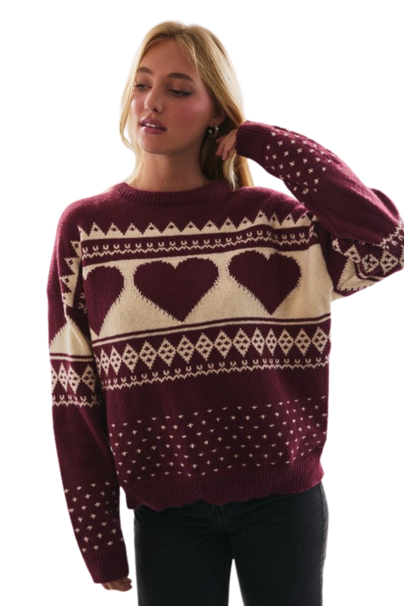 LONG SLEEVE BURGUNDY CREAM HEART SWEATER