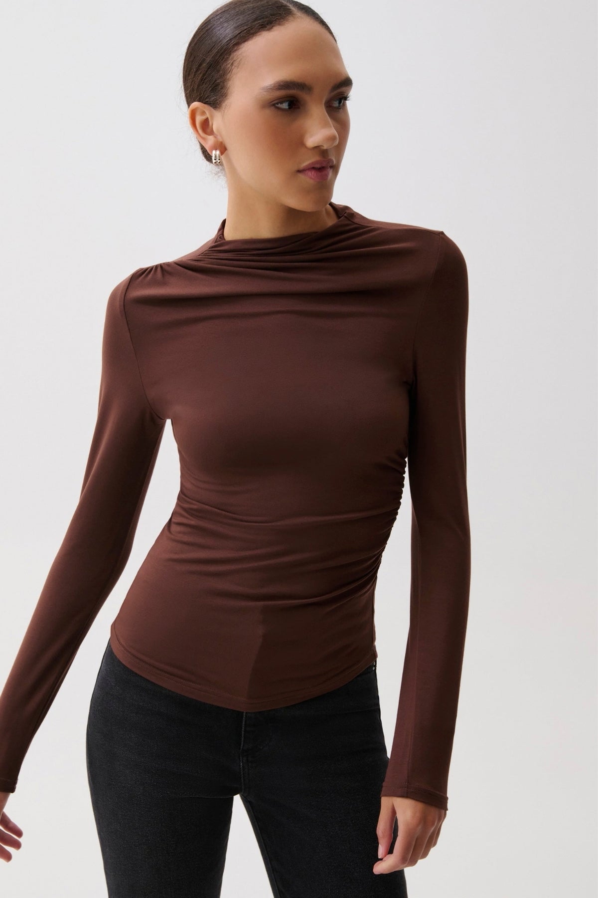 NATHALIA LONG SLEEVE DRAPED MOCK NECK IN WOODLAND