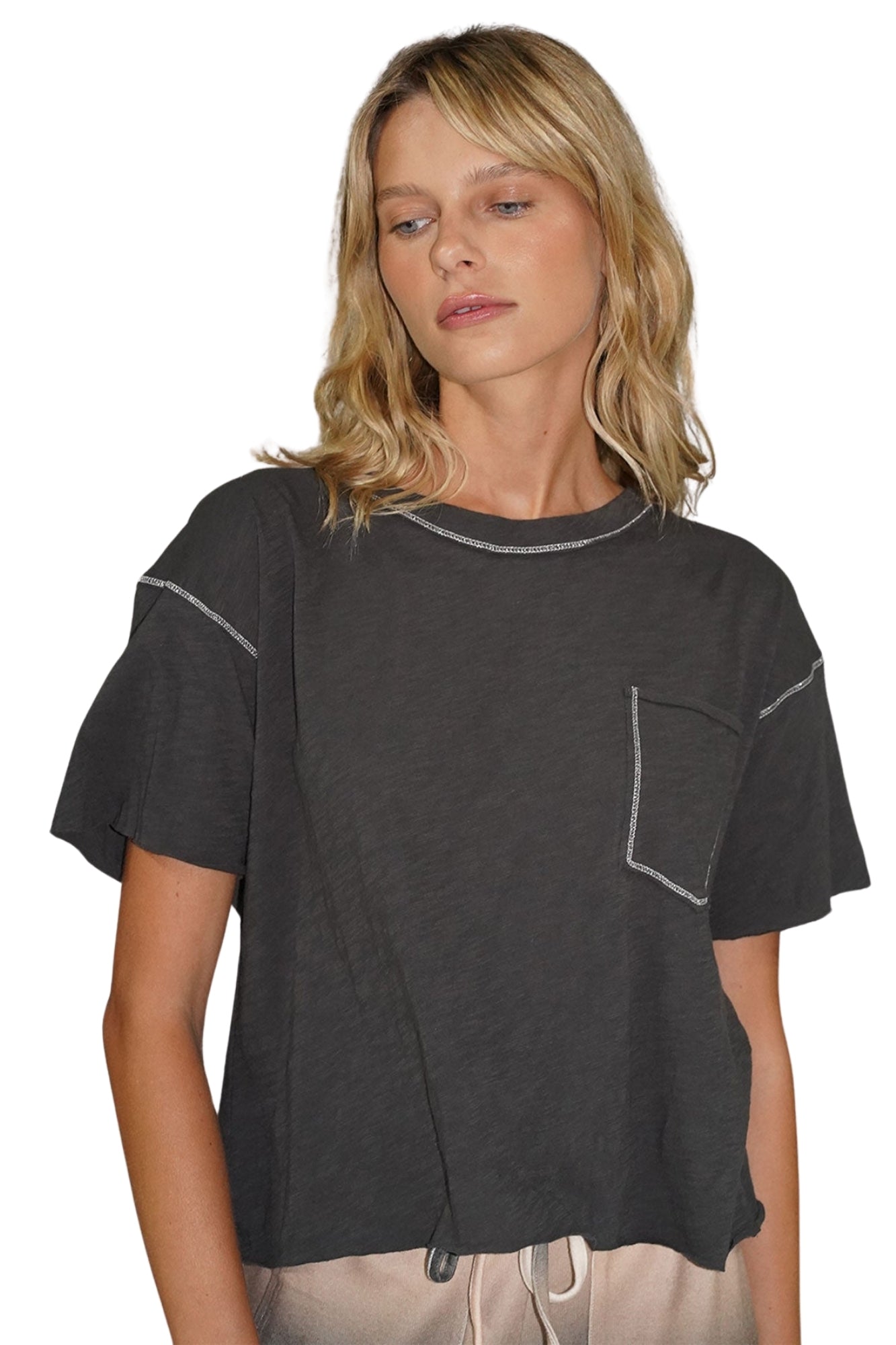 METALLIC THREAD BIBLAS COTTON POCKET BLACK TEE