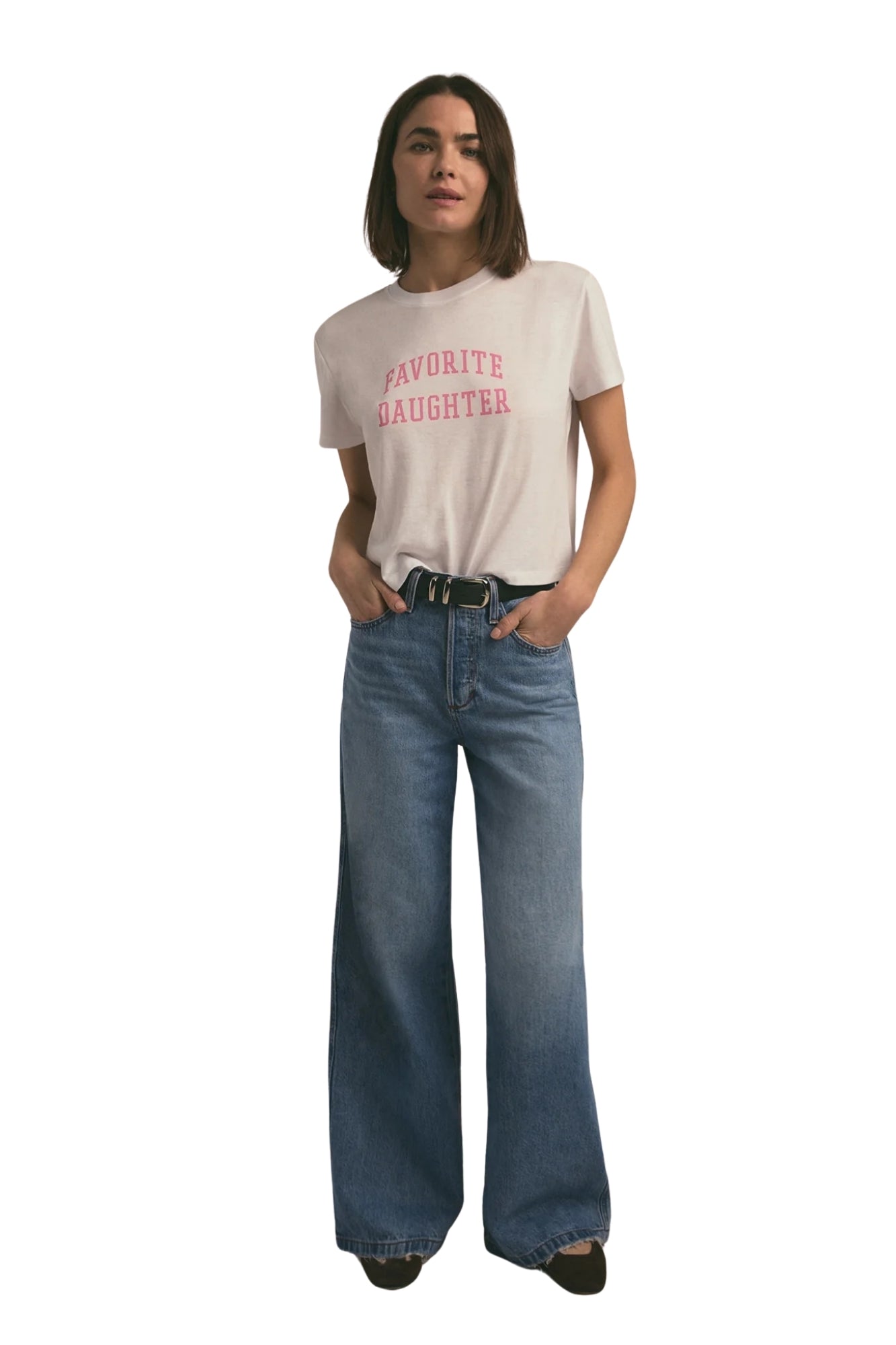 FAVORITE DAUGHTER CROPPED WHITE AND PINK COLLEGIATE TEE