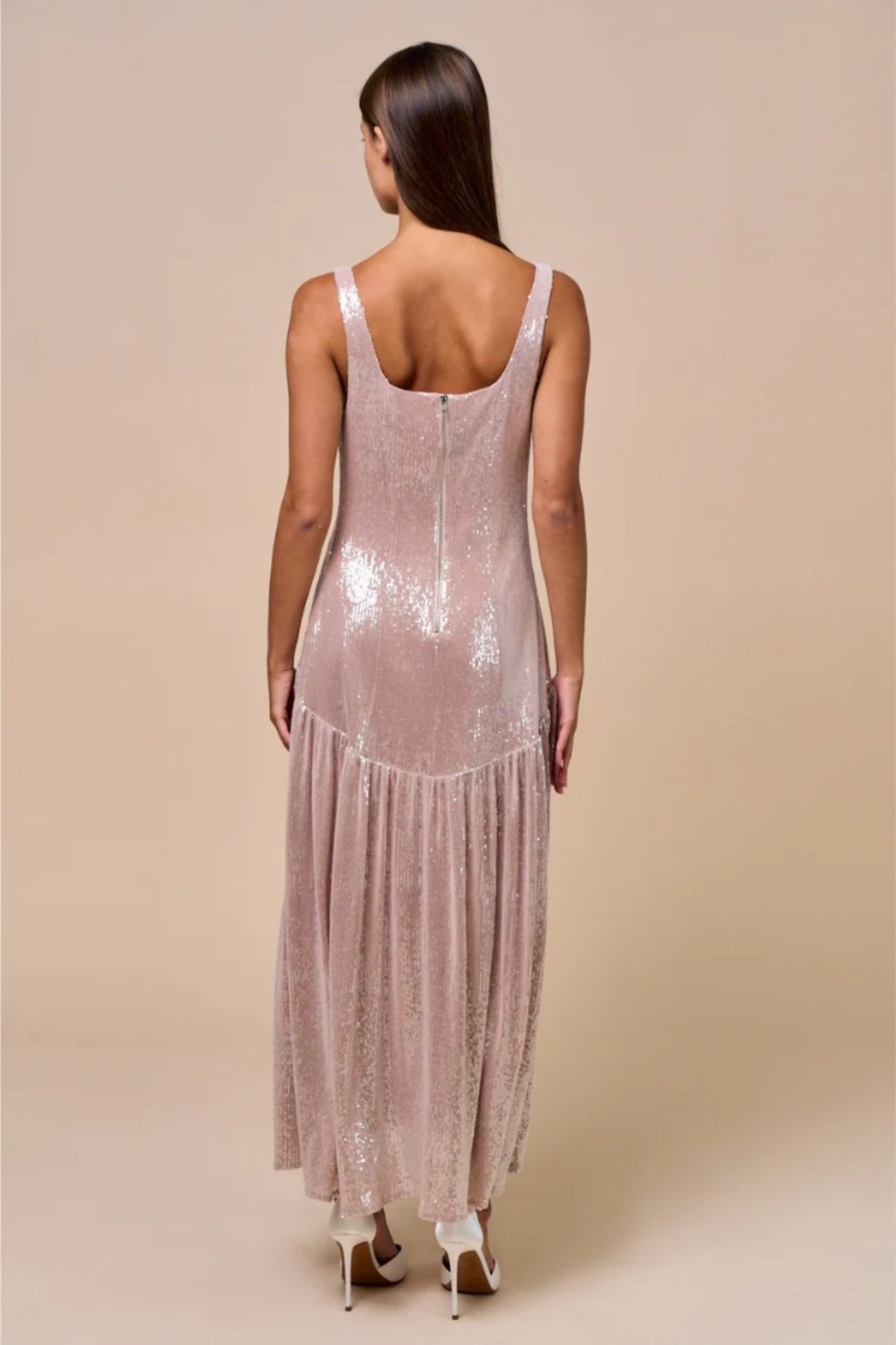 FRONT HOOK TAUPE MAXI DRESS