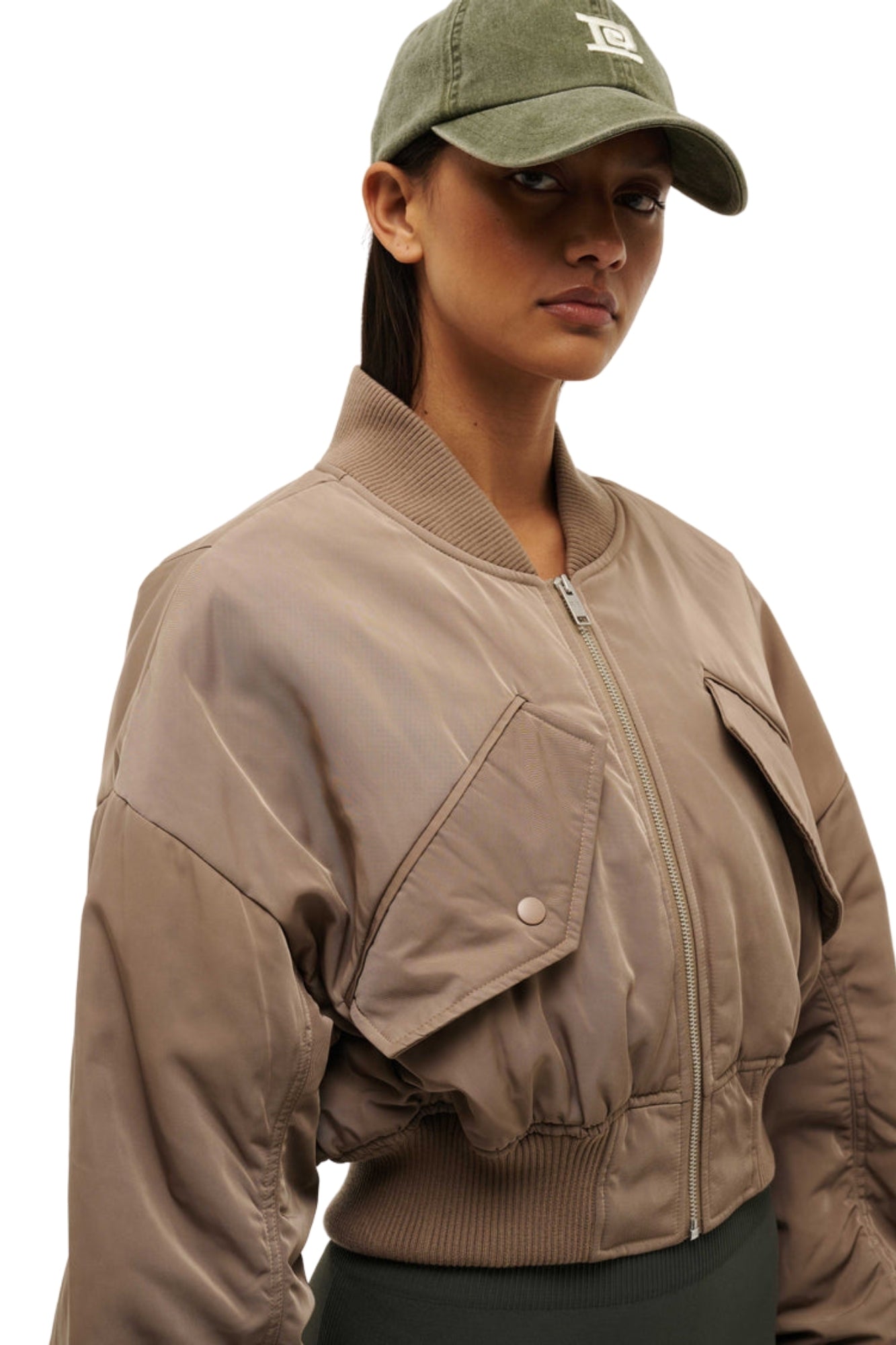 CAPTIVATE TAUPE GRAY BOMBER