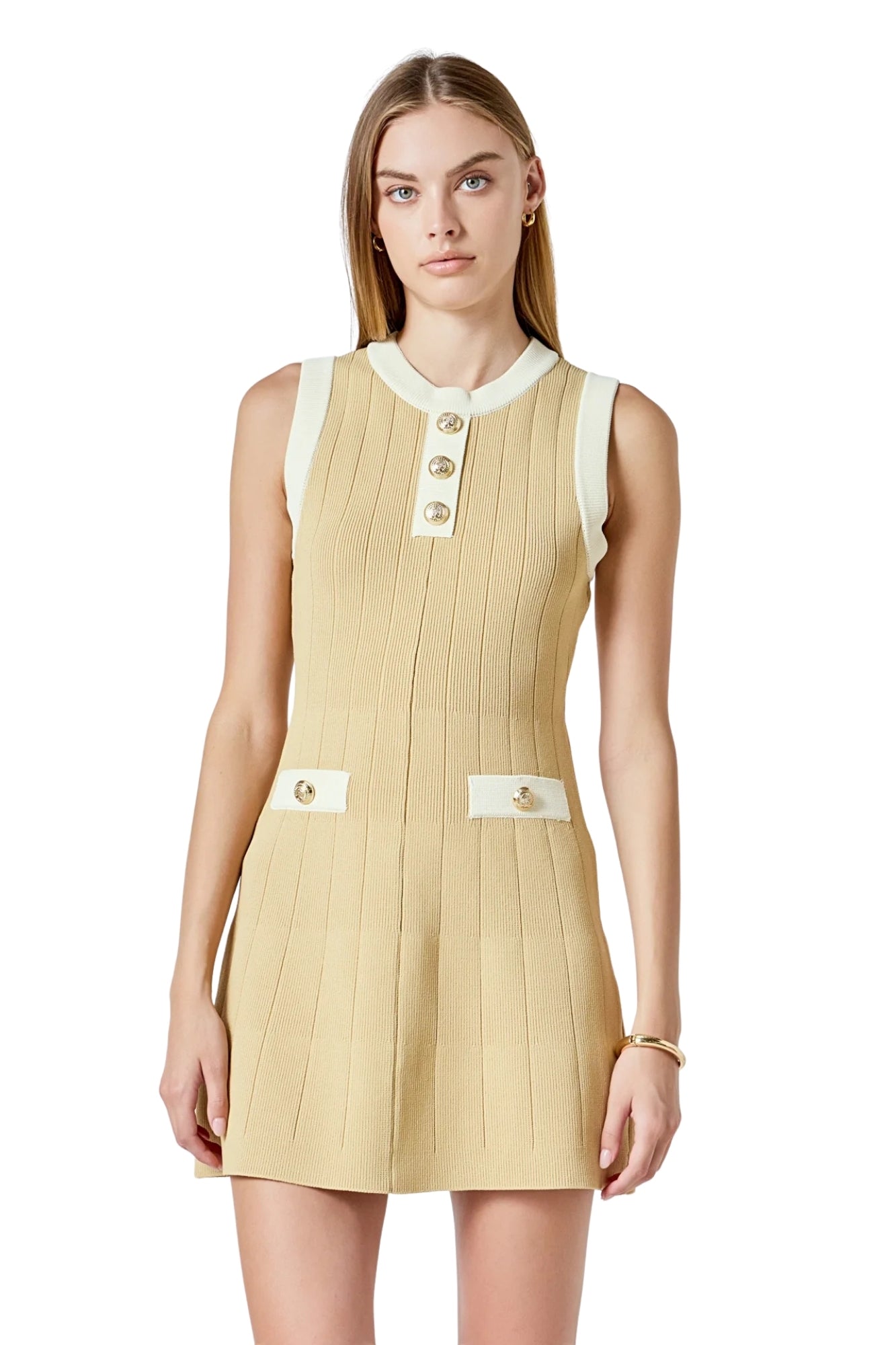 CONTRAST KNIT CREAM MINI DRESS