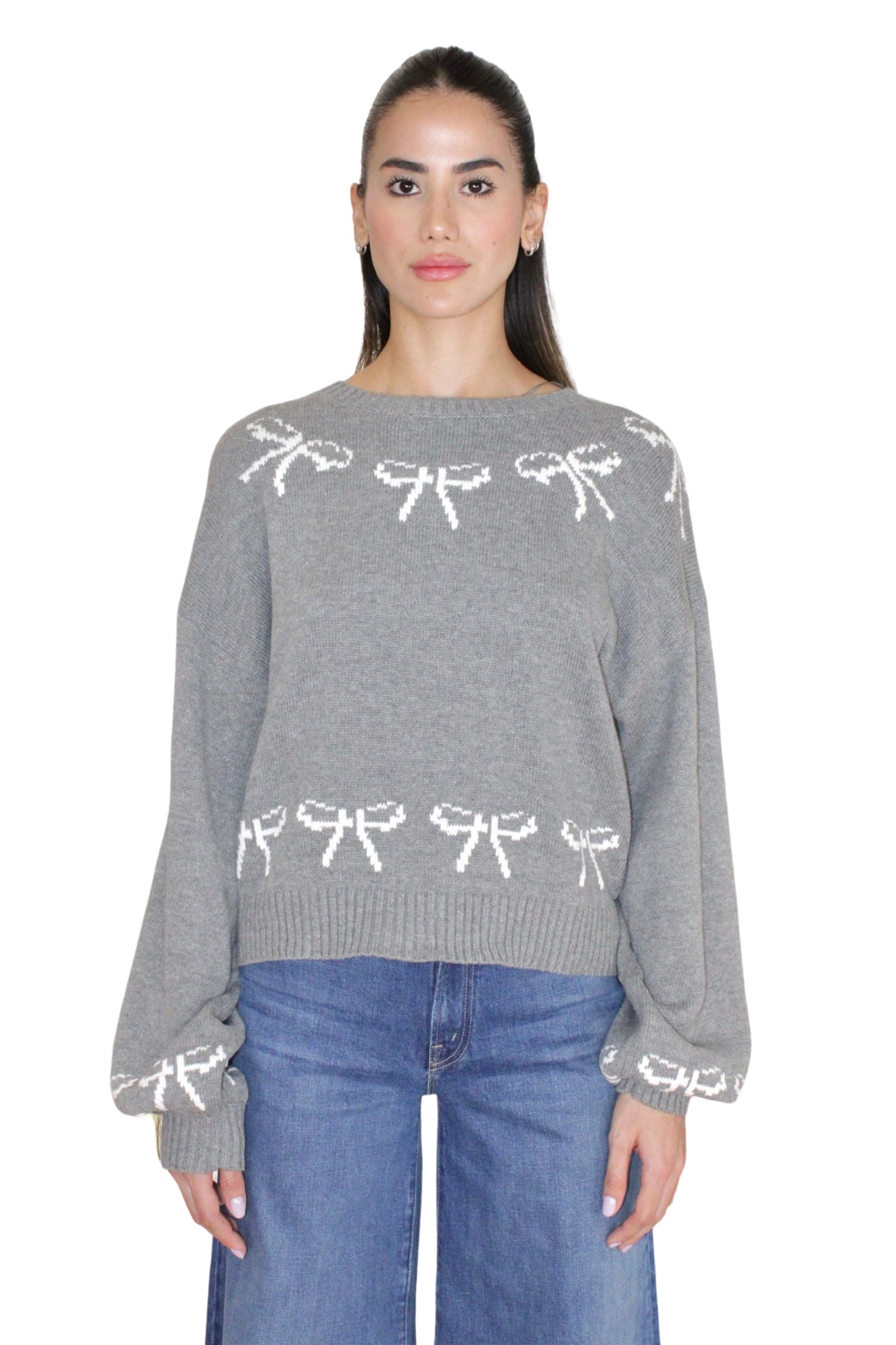GREY AND WHITE BOW SWEATER