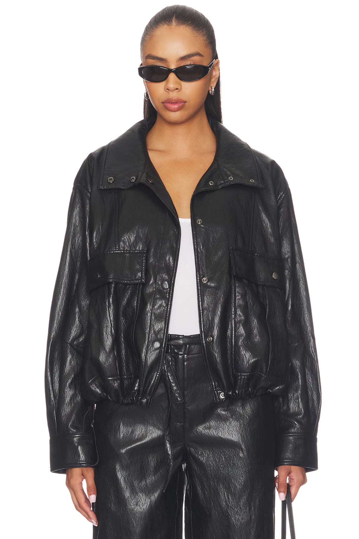 MERCER FAUX LEATHER BOMBER JACKET IN BLACK
