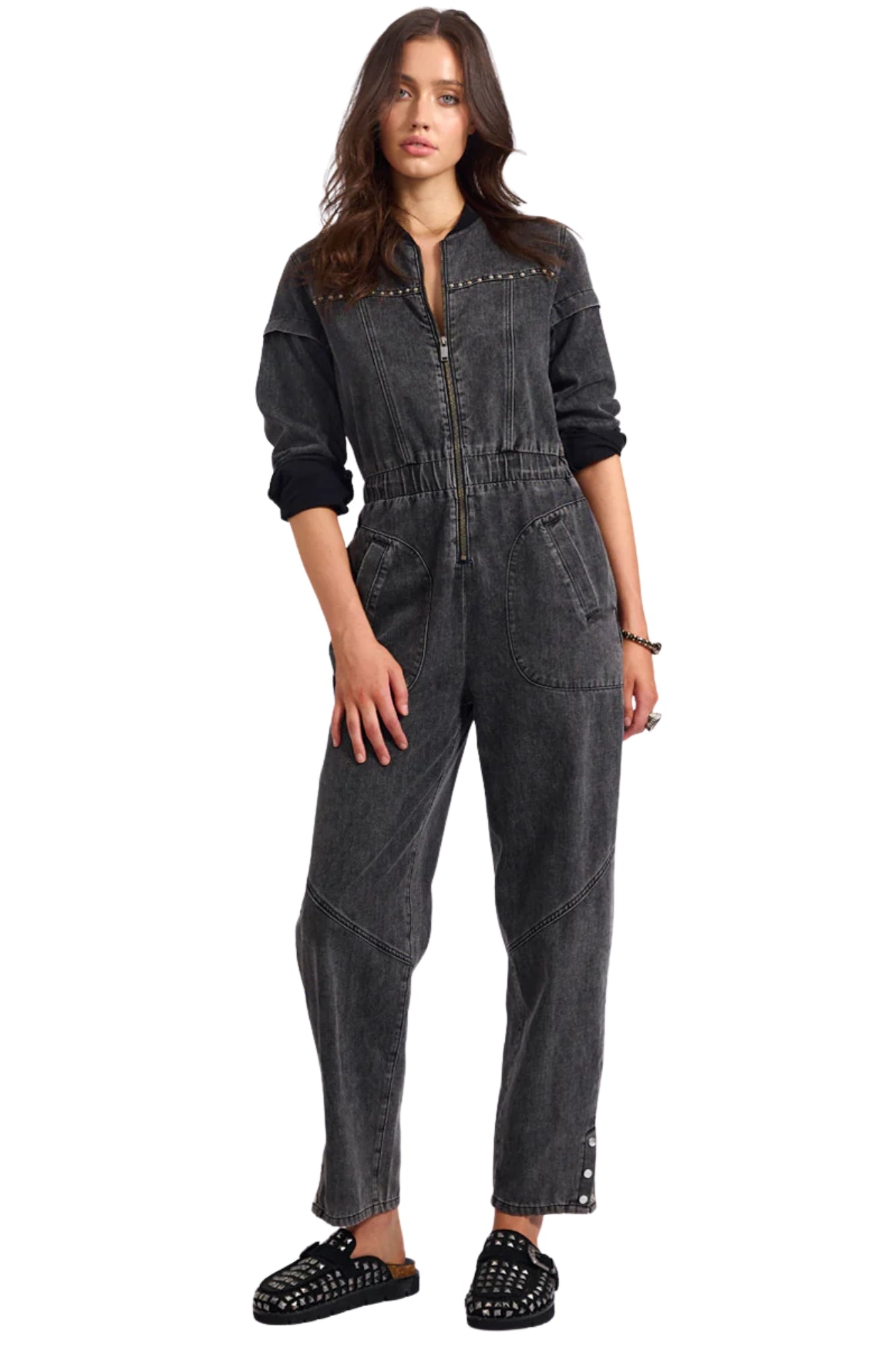 CALLIE AVIATOR LONGSLEEVE STUDDED DENIM JUMPSUIT