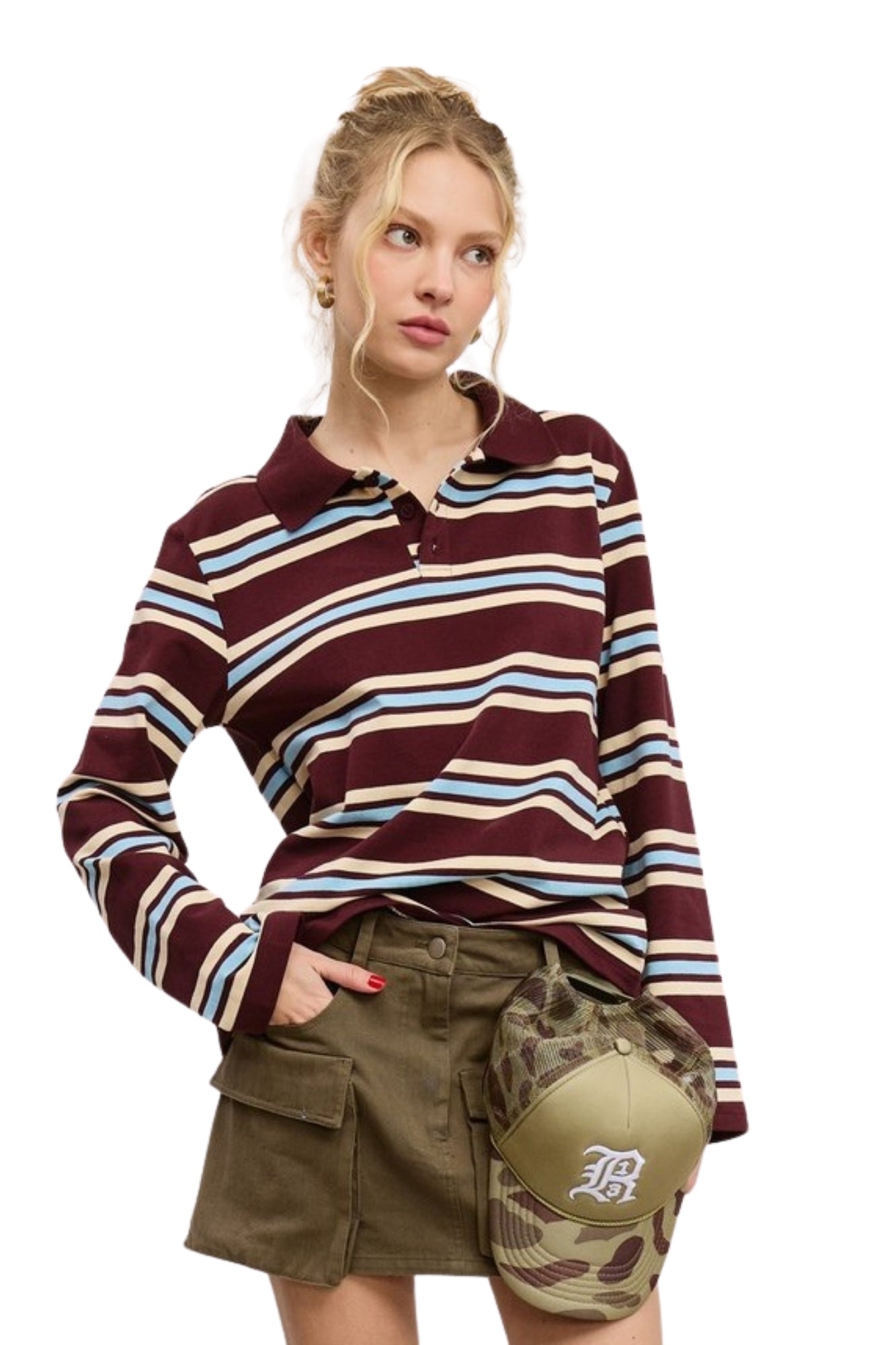 BOXY BROWN LONG SLEEVE KNIT STRIPED POLO SHIRT