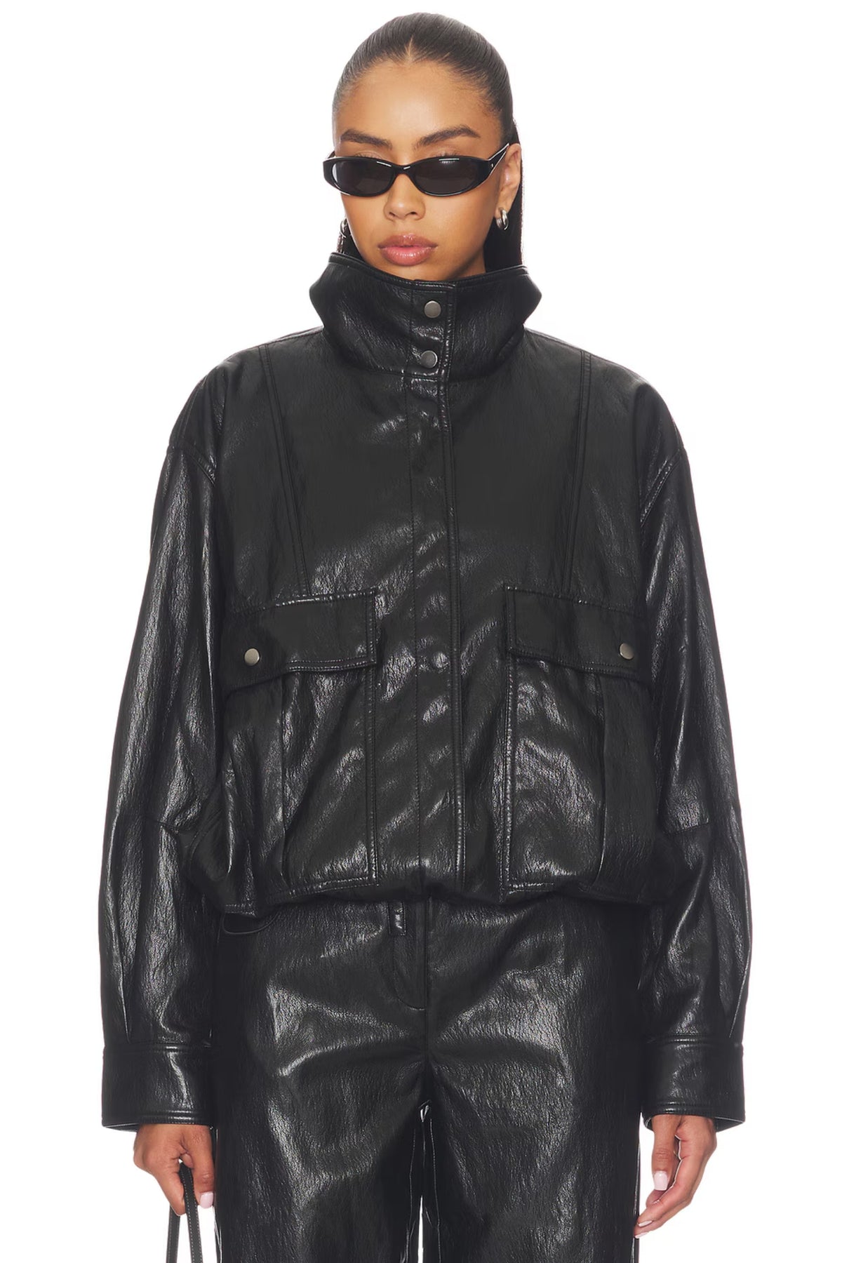 MERCER FAUX LEATHER BOMBER JACKET IN BLACK