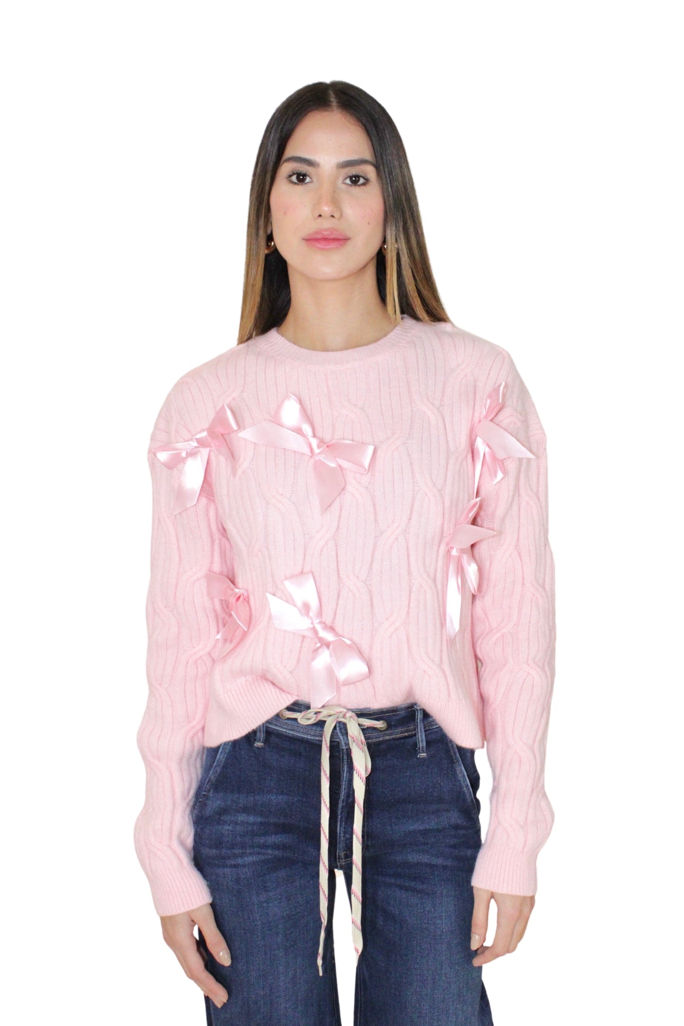 MONOCHROMATIC BOW CABLE BABY PINK KNIT SWEATER
