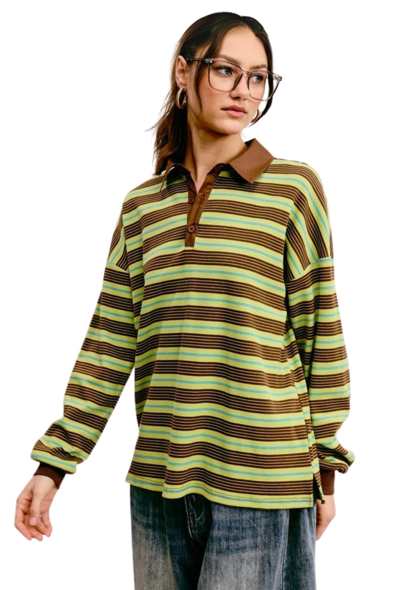 BOXY GREEN LONG SLEEVE KNIT STRIPED POLO SHIRT