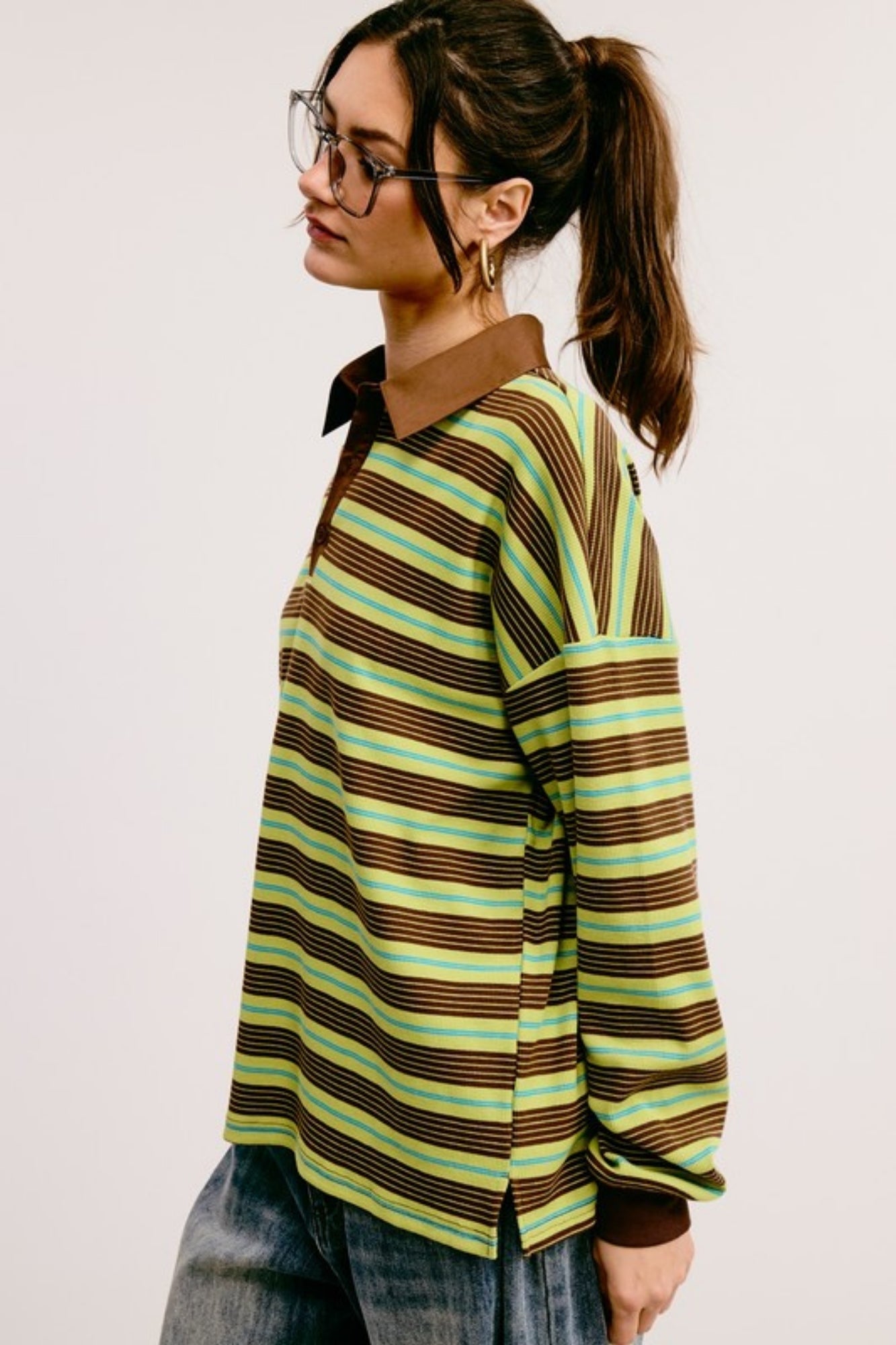 BOXY GREEN LONG SLEEVE KNIT STRIPED POLO SHIRT