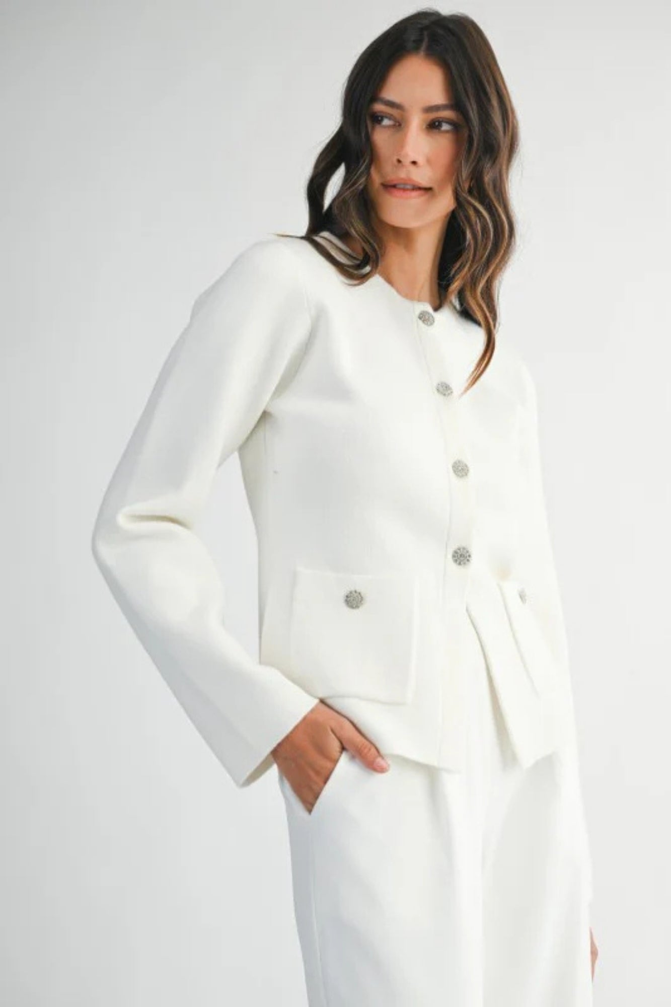 KNIT FRONT JEWEL WHITE CARDIGAN