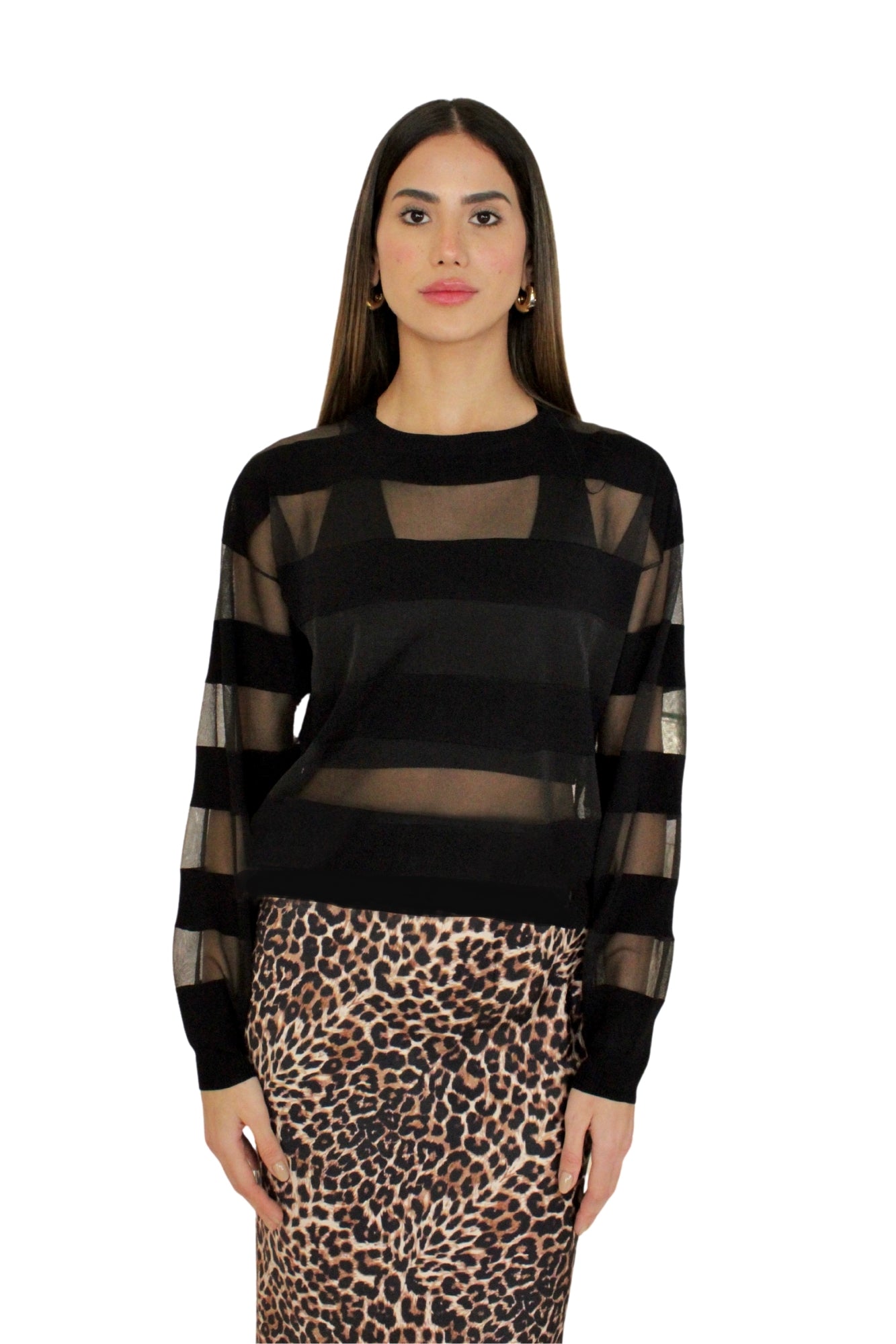 MESH MIX SHEER STRIPE LONG SLEEE TOP