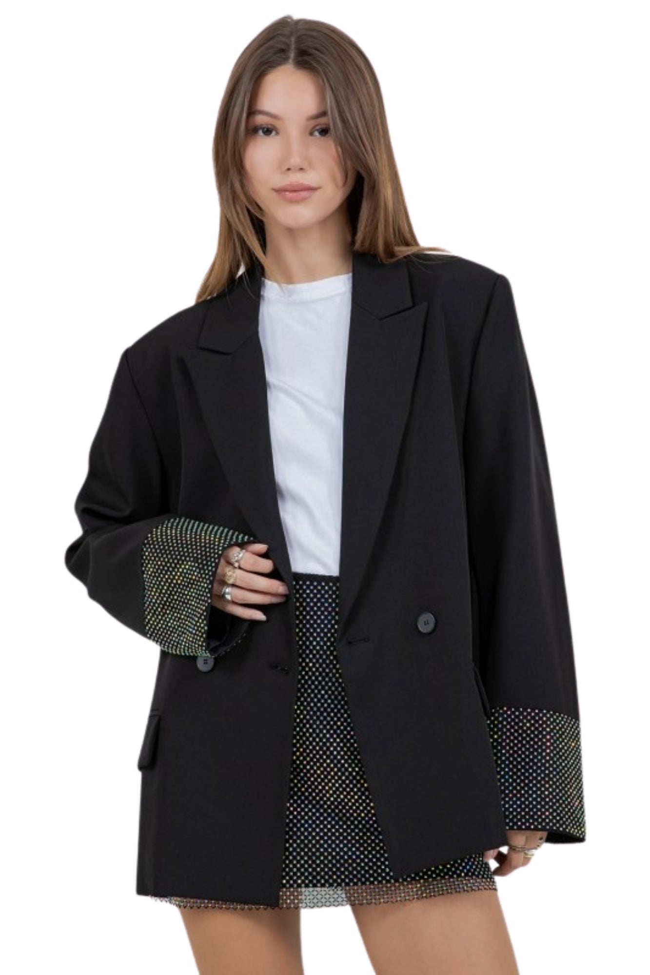 LAYARED RHINESTONE BLACK BLAZER MINI SKIRT SET