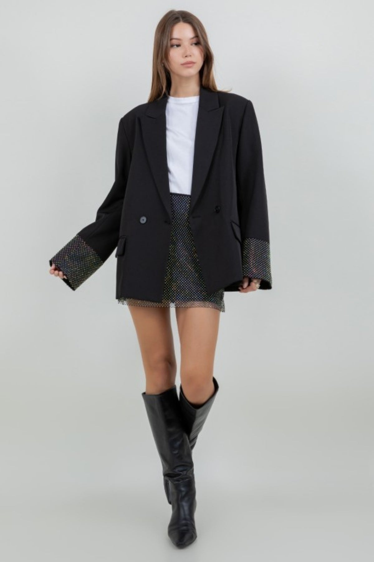 LAYARED RHINESTONE BLACK BLAZER MINI SKIRT SET