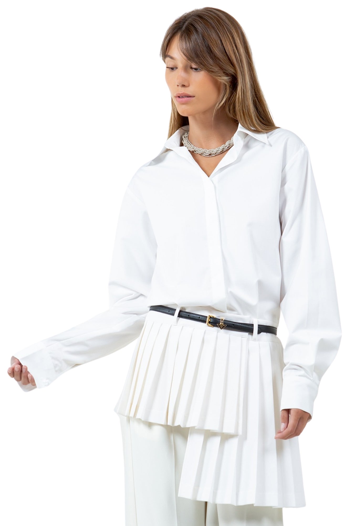 CONTRAST ASYMMETRICAL PLEAT DETAIL POPLIN DRESS