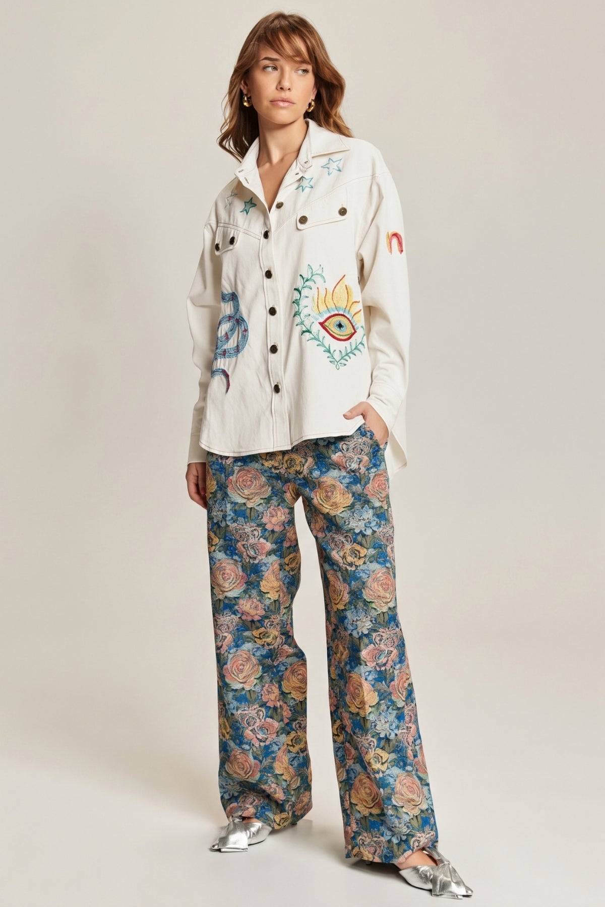ADELYN WHITE DENIM EMB SHIRT