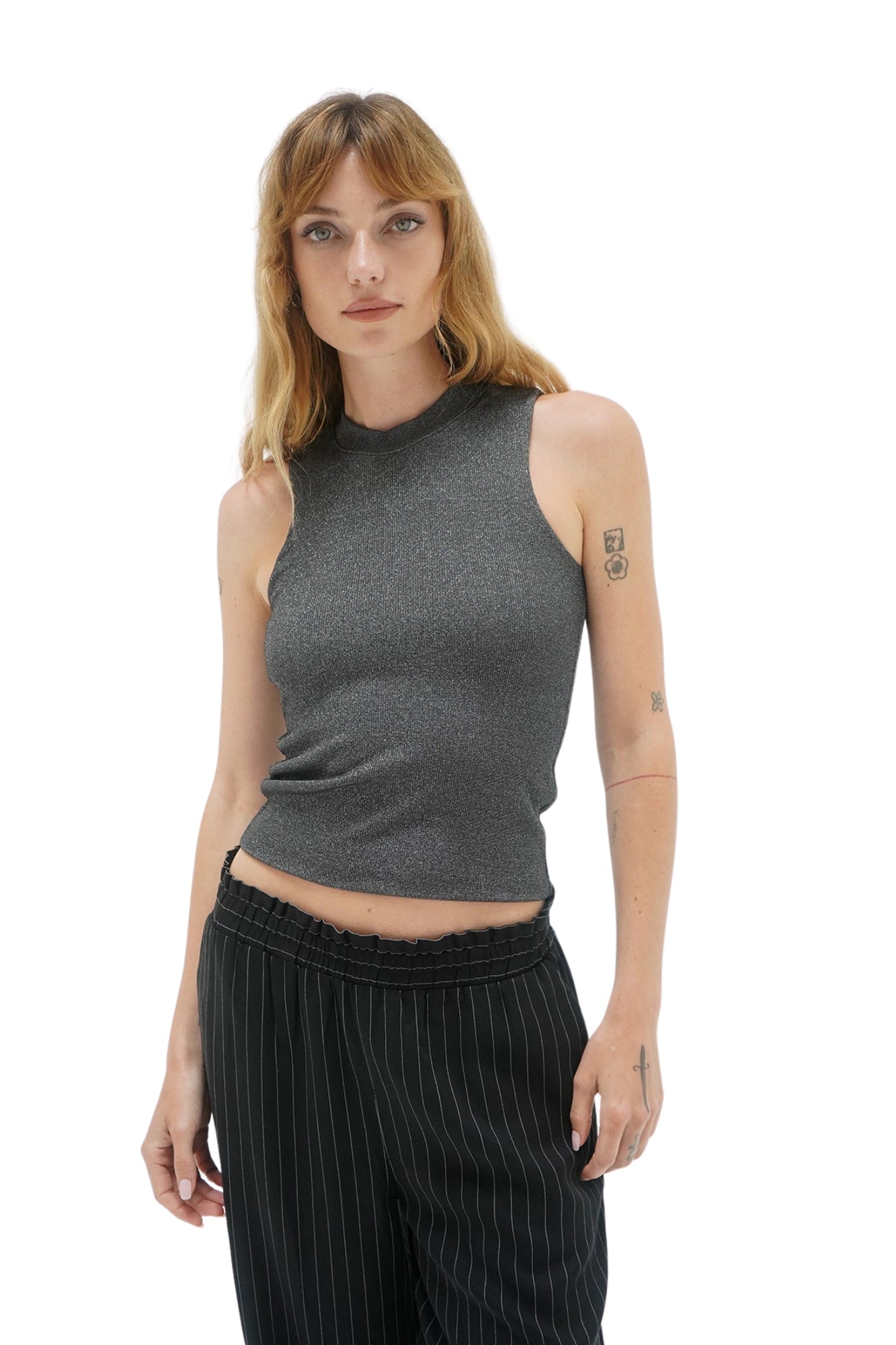 DOUBLE LAYER LUREX RIB SLEEVELESS BLACK LUREX