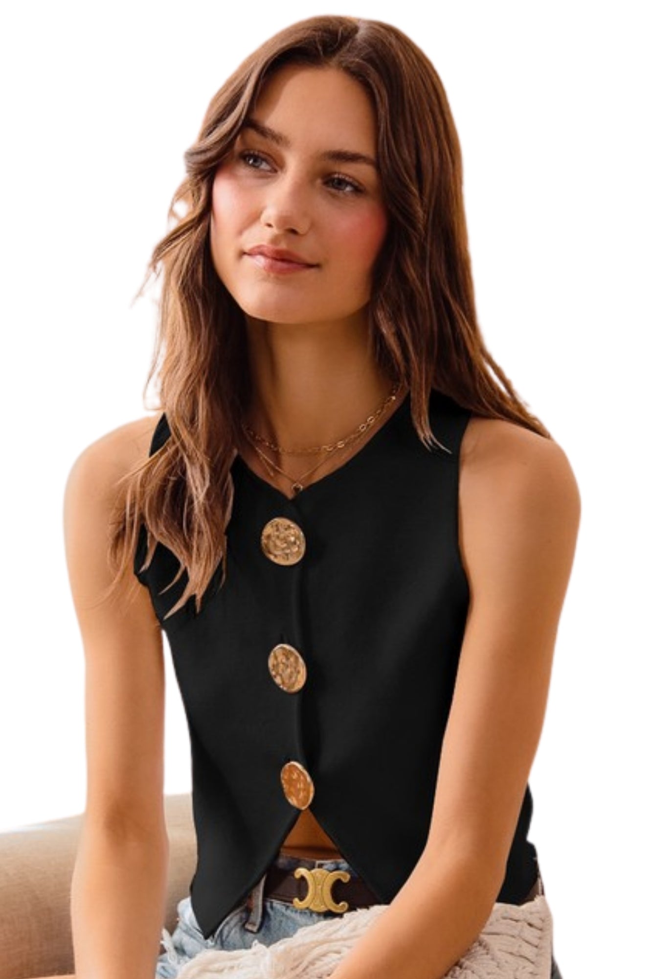 BIG METAL BLACK BUTTON FRONT LIGHT WEIGHT KNITTED VEST