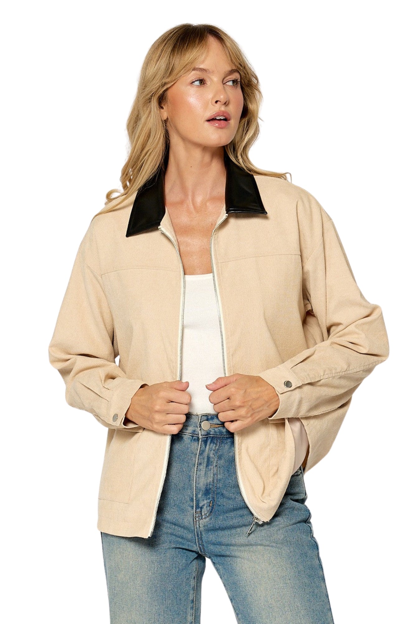 CONTRAST COLLAR CORDUROY ZIPPER FRONT JACKET