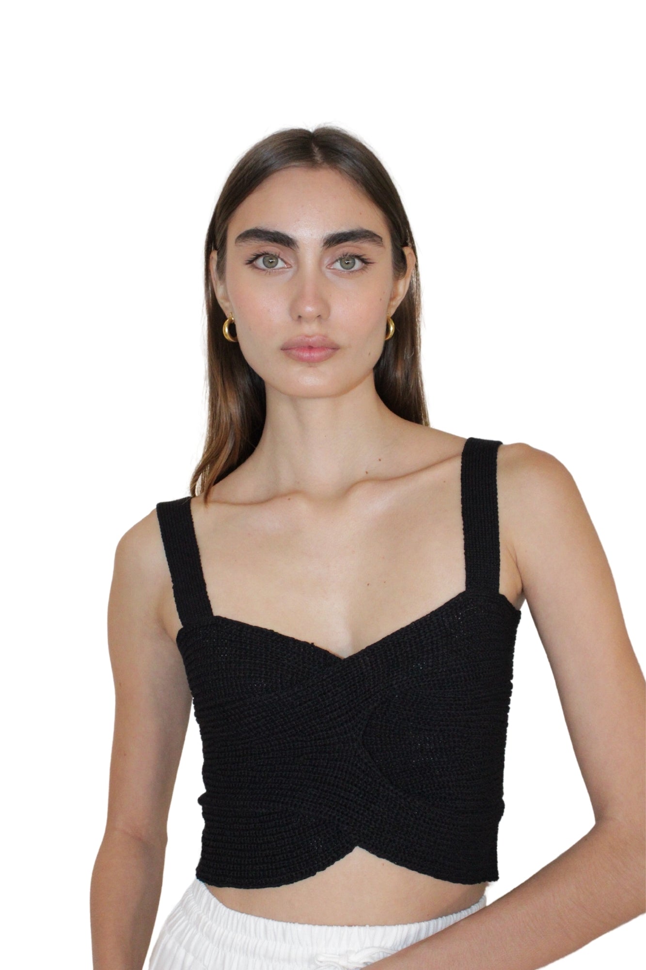FITTED CRISS CROSS SWEATER KNIT CROP BLACK TANK