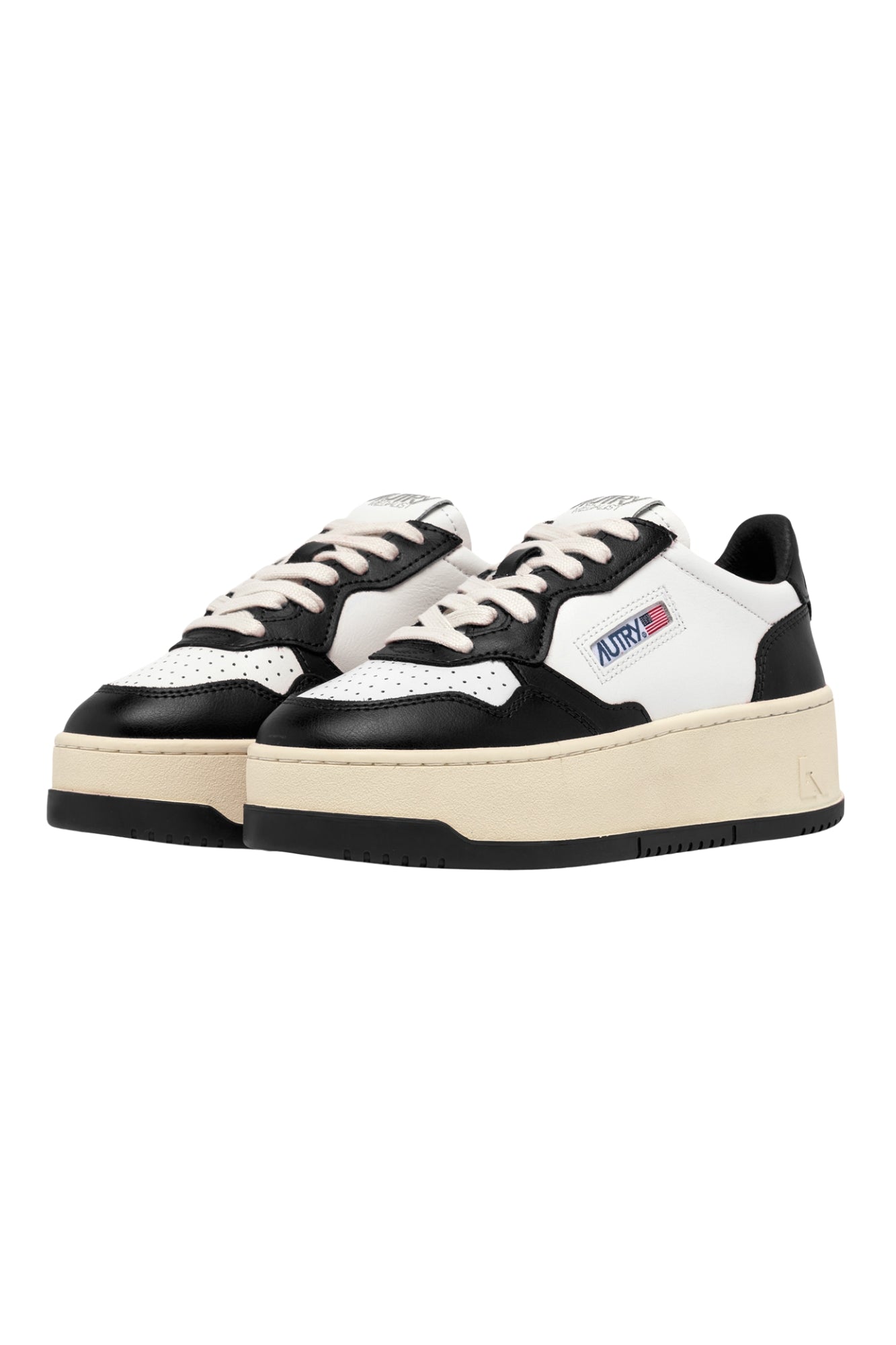 MEDALIST PLATFORM SNEAKERS IN WHITE AND BLACK LEATHER